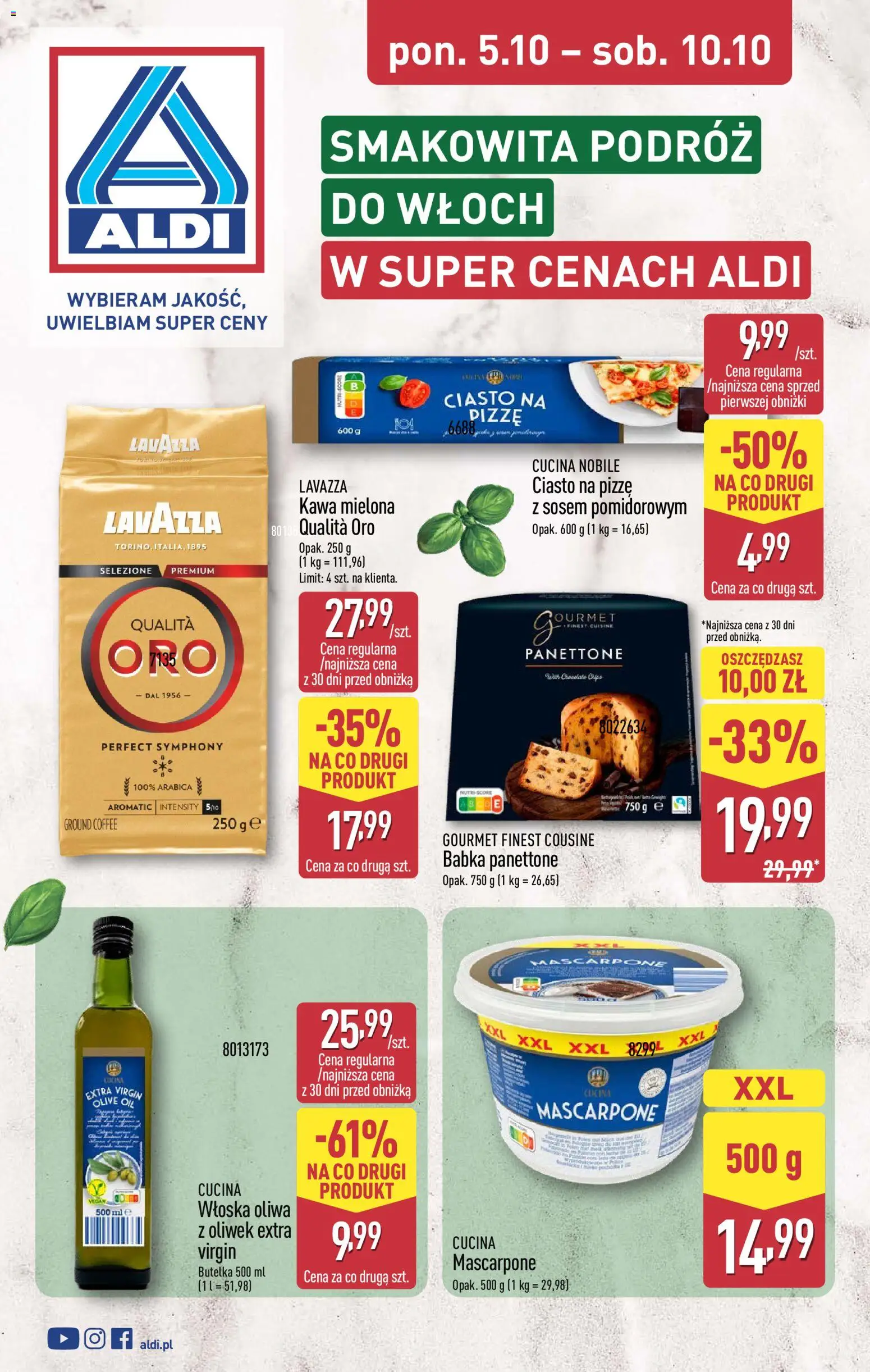 Pogląd gazetki "Aldi gazetka - Smakowita podróż do Włoch" ze sklepu Aldi ważnej od 05.10.2026 - Kawa, Ciasto, Ciasto na pizze, Babka, Mascarpone, Lavazza, Panettone, Babka Panettone