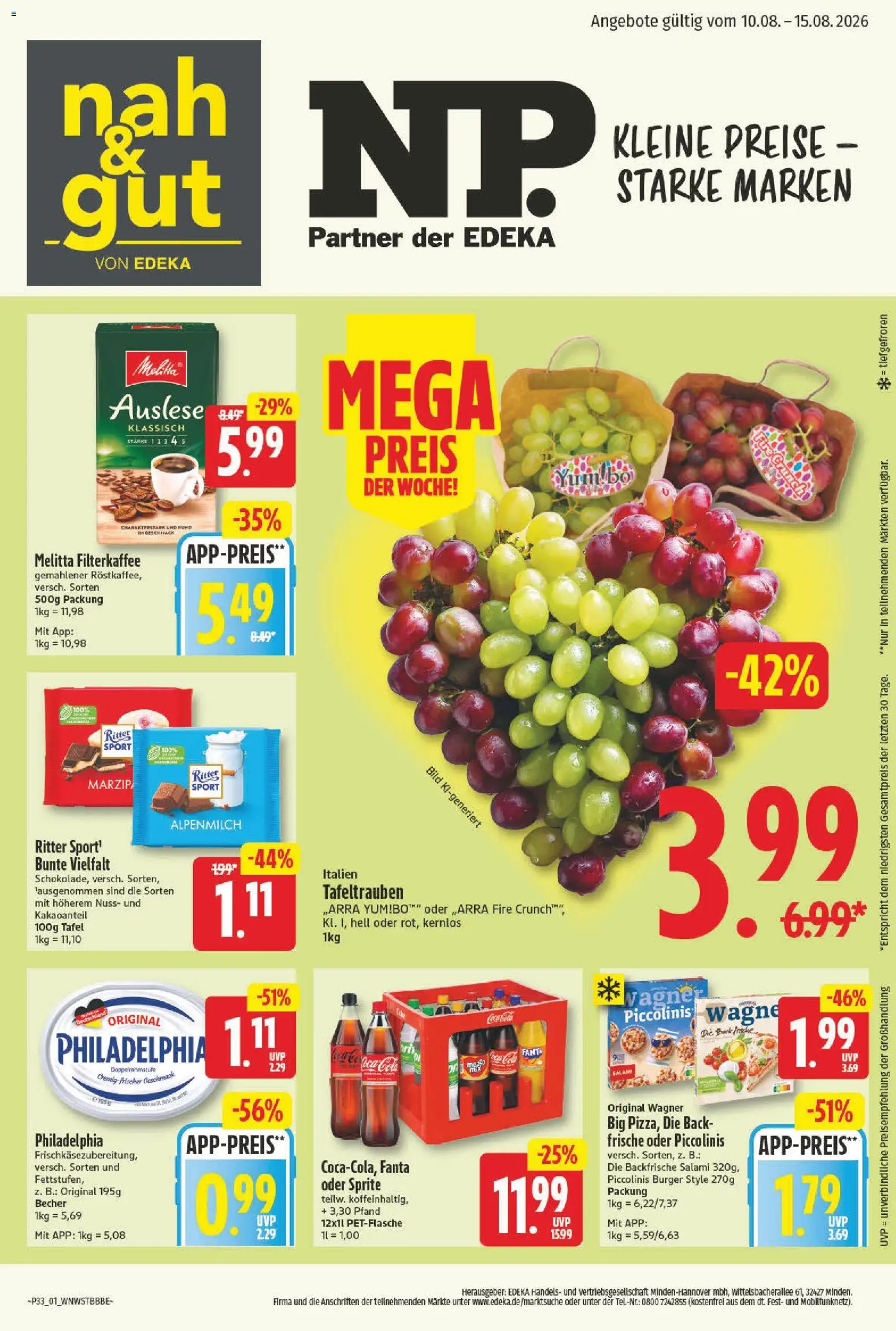 Vorschau von dem Prospekt des Geschäftes NP Discount, gültig ab dem 10.08.2026 - Burger, Philadelphia, Ritter sport, Fanta, Piccolinis, Salami, Sprite, Melitta