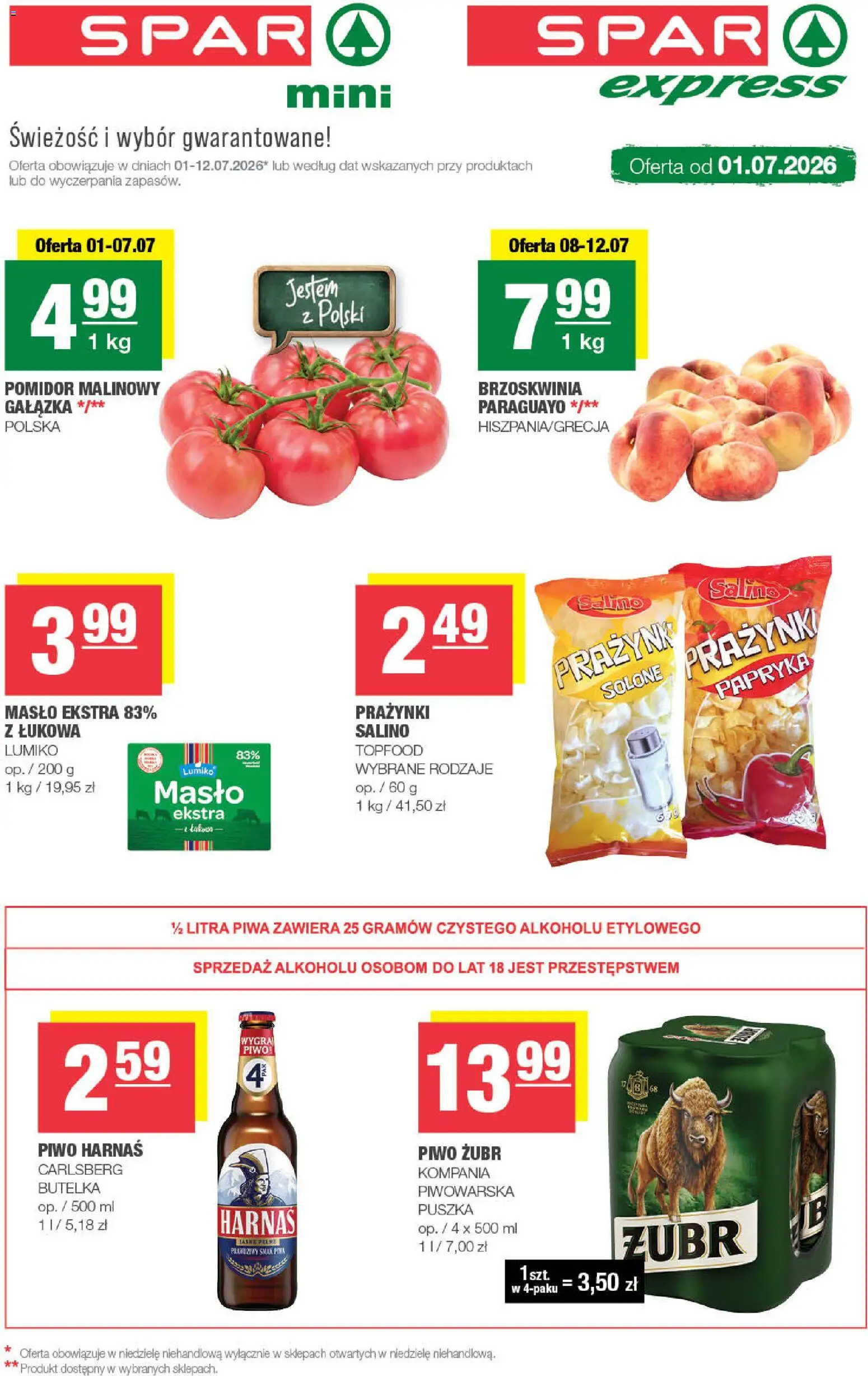 Pogląd gazetki "Spar gazetka - Mini" ze sklepu Spar ważnej od 01.07.2026 - Masło, Pomidor, Brzoskwinia, Carlsberg, Harnaś, Pomidor malinowy, Piwo żubr, Piwo Harnaś