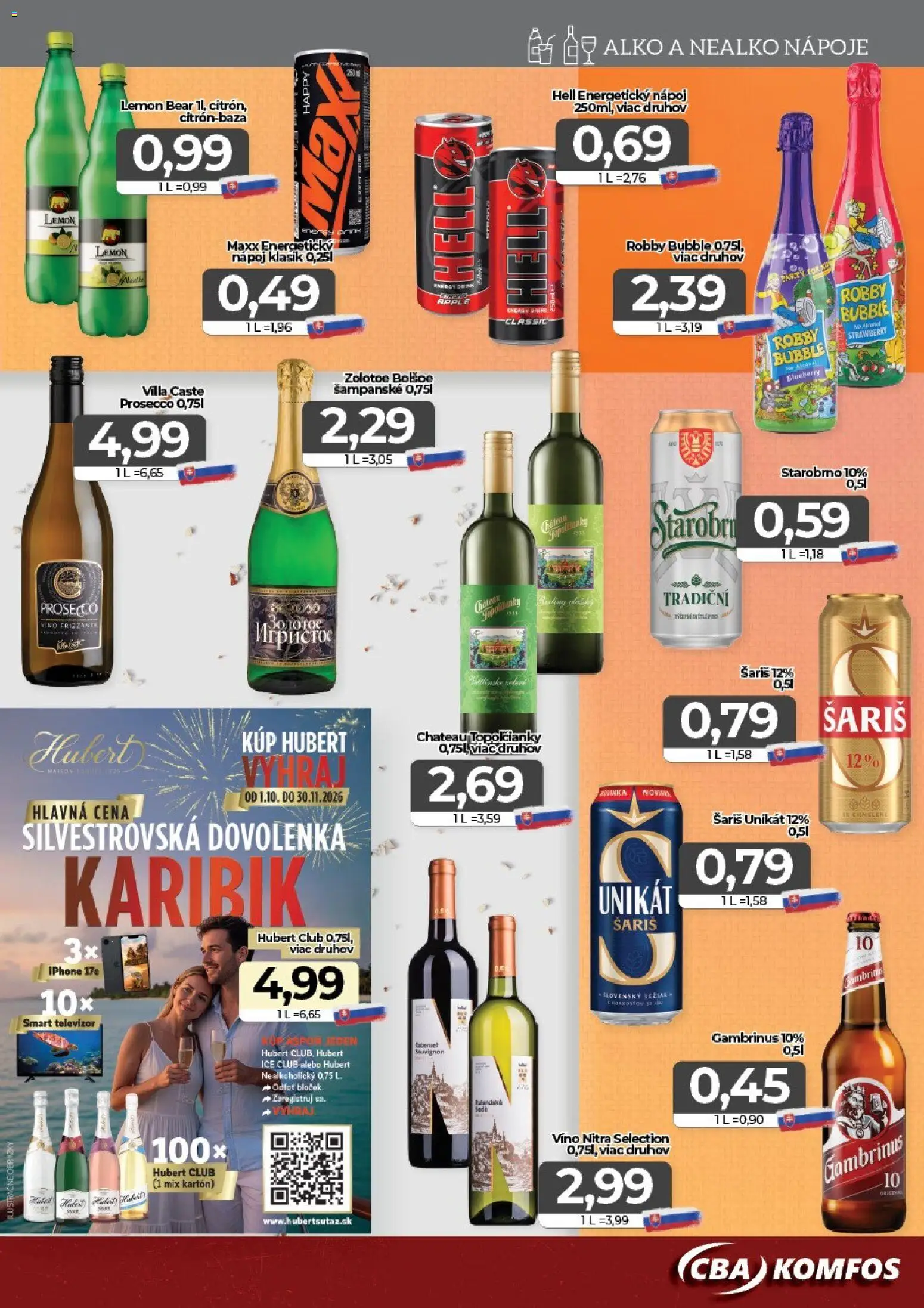 Náhľad CBA Komfos letáku platného od 23.10.2026 - Iphone, Víno, Prosecco, Televízor, Šampanské, Šariš, Gambrinus, Nápoje
