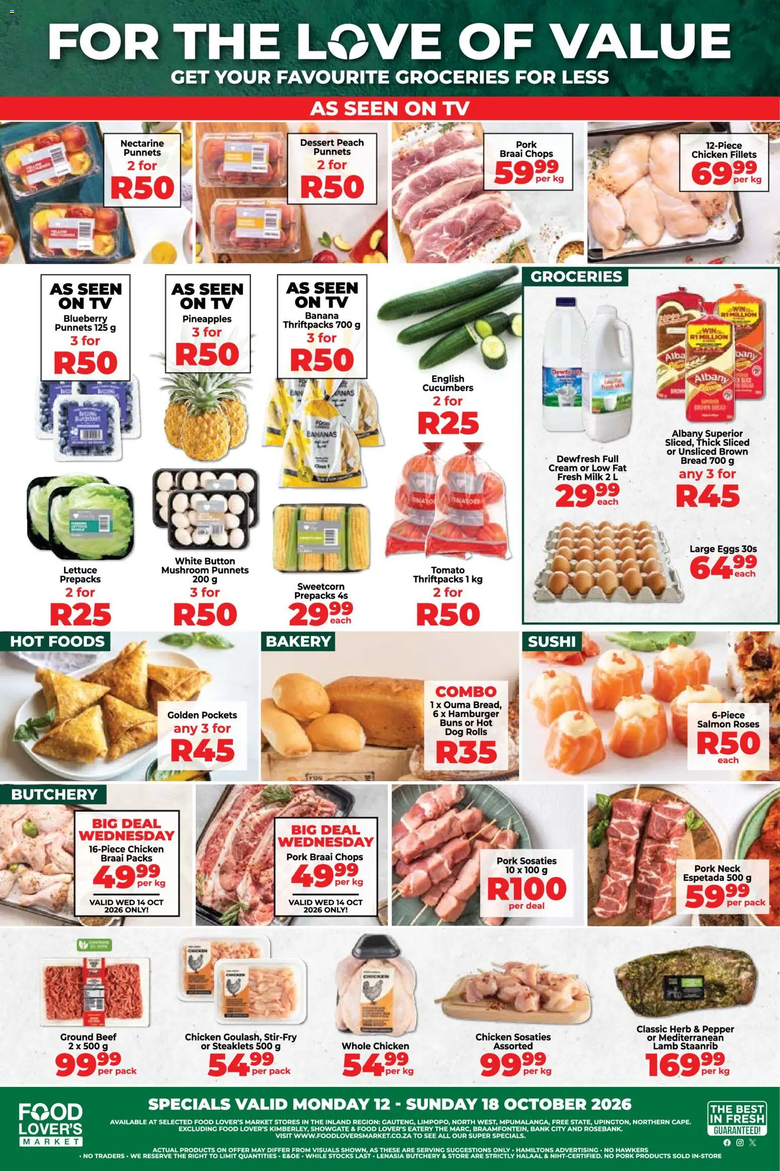 Preview of Food Lover's Market flyer valid from 12/10/2026 - Bakery, Dessert, Milk, Peach, Beef, Lettuce, Buns, Pepper