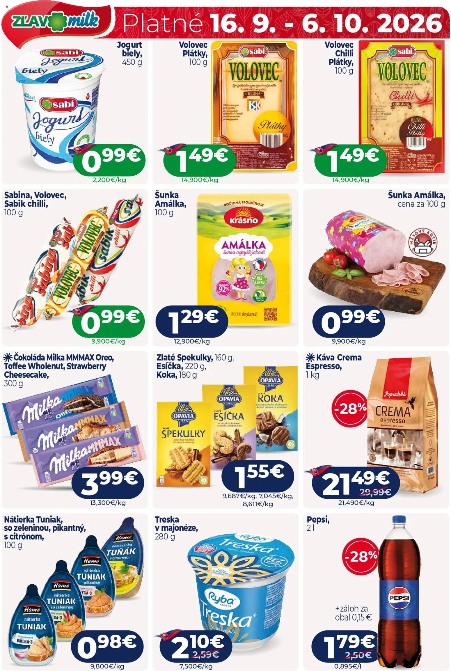 Náhľad Milk Agro letáku platného od 23.09.2026 - Čokoláda, Treska, Tuniak, Pepsi, Chilli, Oreo, Šunka, Nátierka