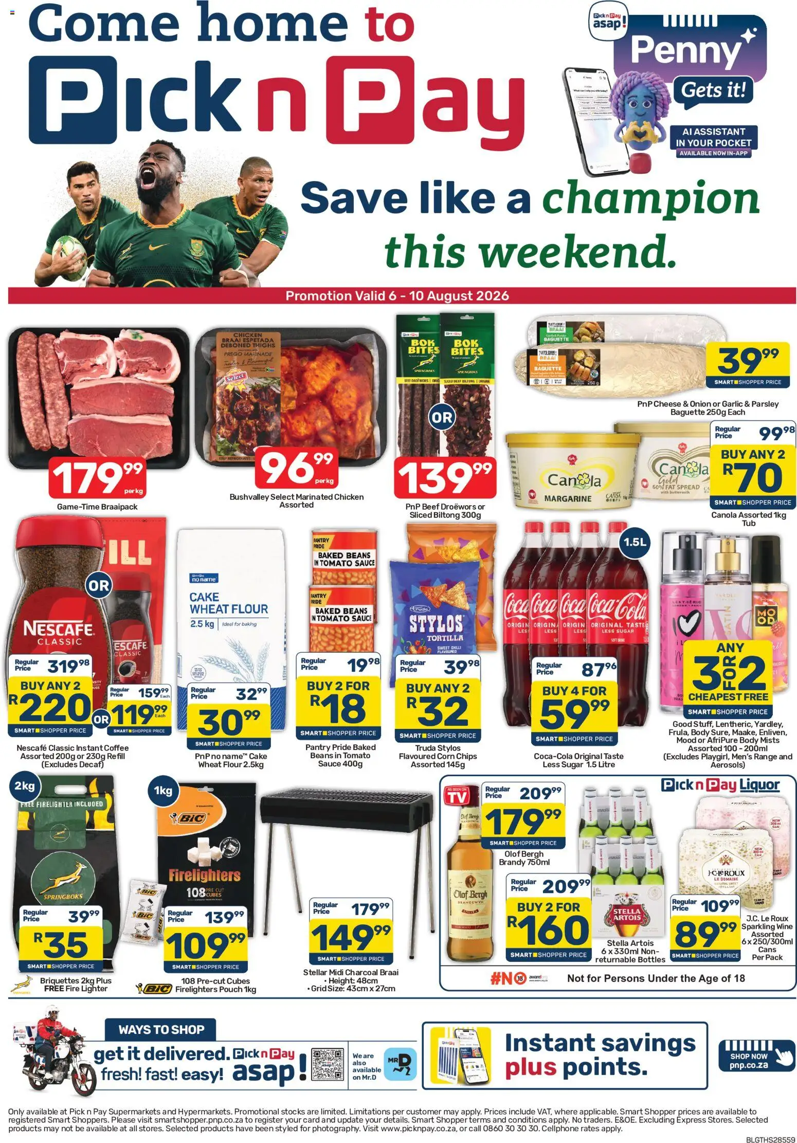Preview of Pick n Pay flyer valid from 06/08/2026 - Cake, Brandy, Corn, Flour, Beef, Margarine, Baked beans, Sauce