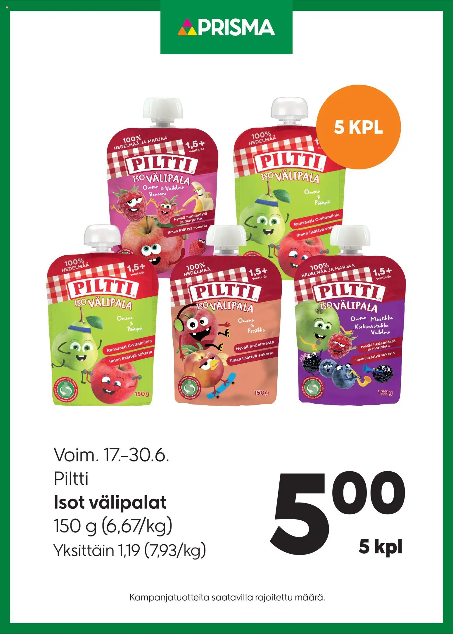 Kaupan Prisma Prisma tarjoukset Piltti esikatselu, voimassa 17/06/2026 - Mustikka, Persikka, Vadelma