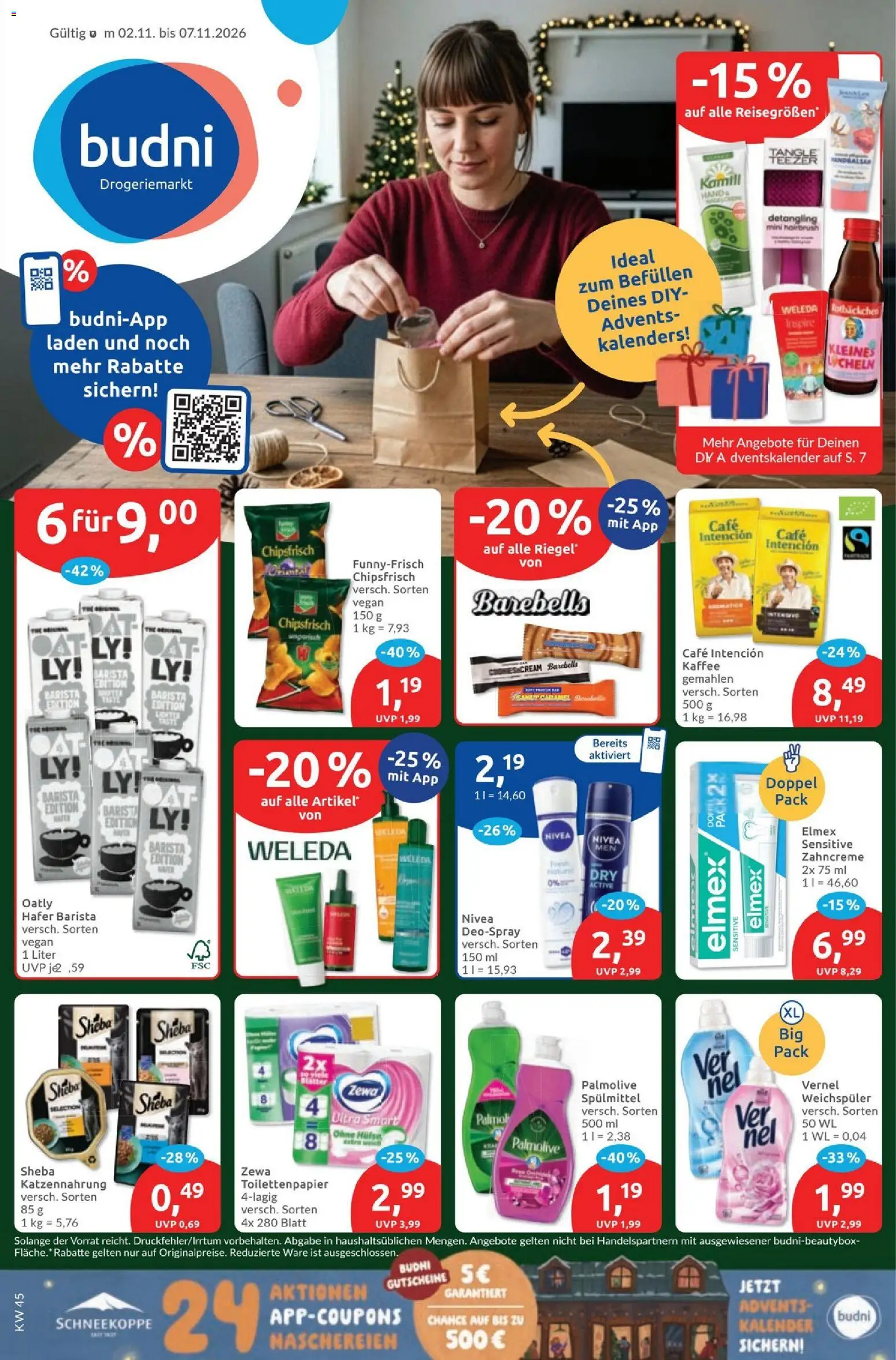 Vorschau von dem Prospekt des Geschäftes Budni, gültig ab dem 02.11.2026 - Kaffee, Toilettenpapier, Weichspüler, Zewa, Sheba, Vernel, Deospray