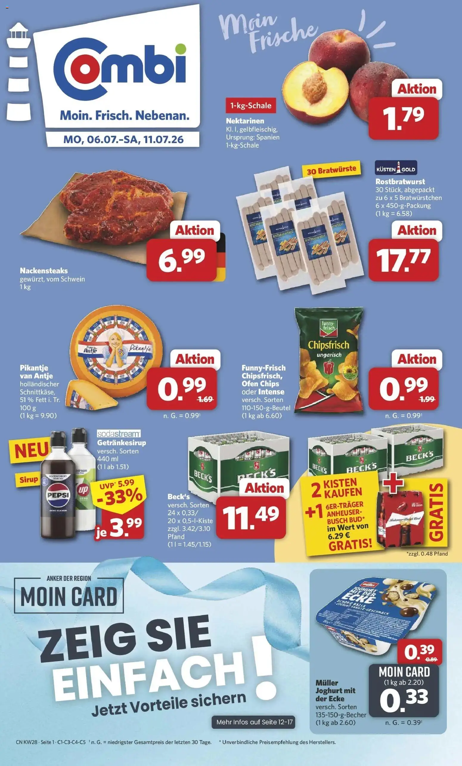 Vorschau von dem Prospekt des Geschäftes Combi, gültig ab dem 06.07.2026 - Chips, Sodastream, Joghurt, Ofen, Nektarinen, Funny frisch, Sirup, Nackensteaks