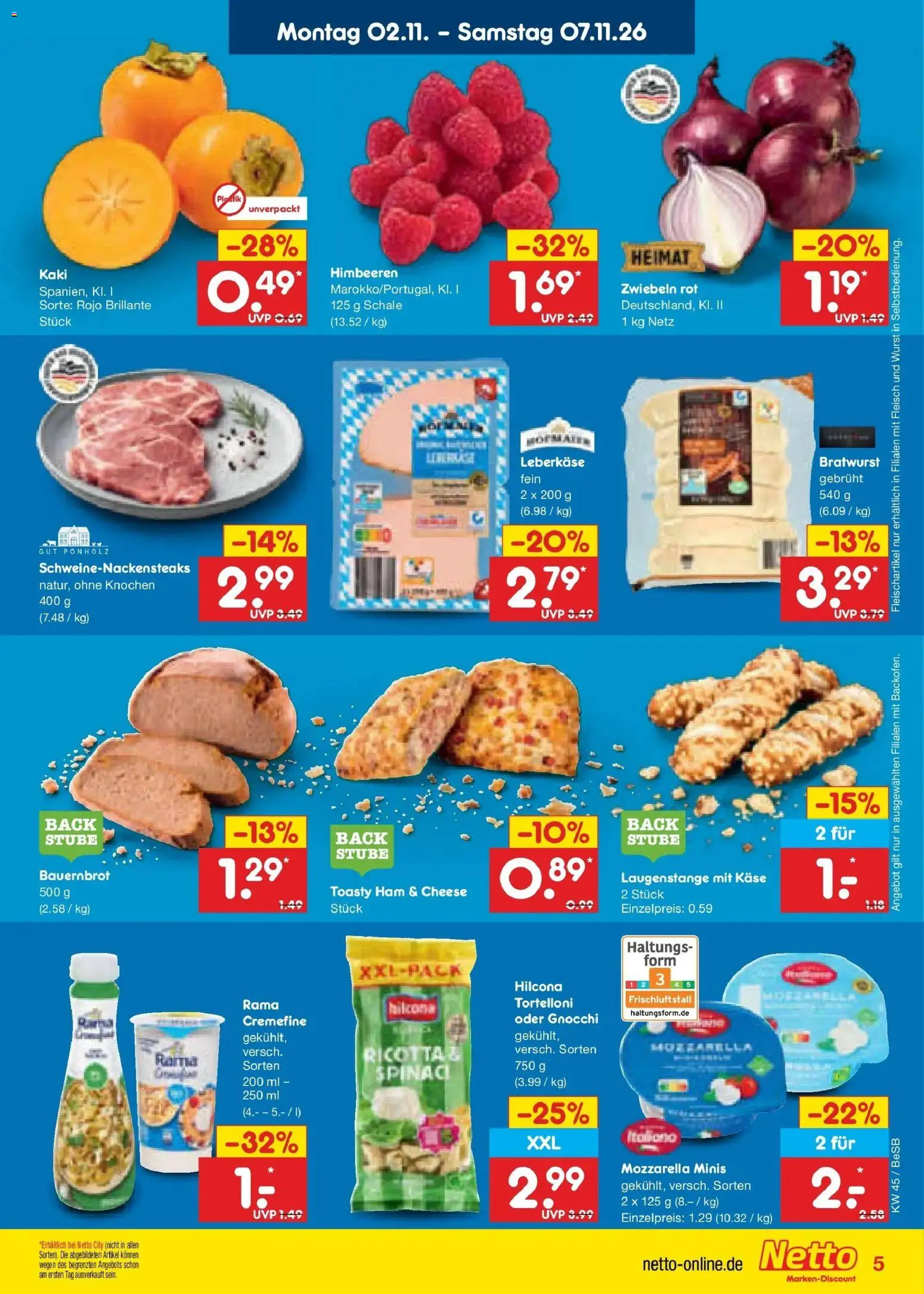Vorschau von dem Prospekt des Geschäftes Netto Marken-Discount, gültig ab dem 02.11.2026 - Käse, Gnocchi, Wurst, Himbeeren, Fleisch, Rama, Zwiebeln, Leberkase