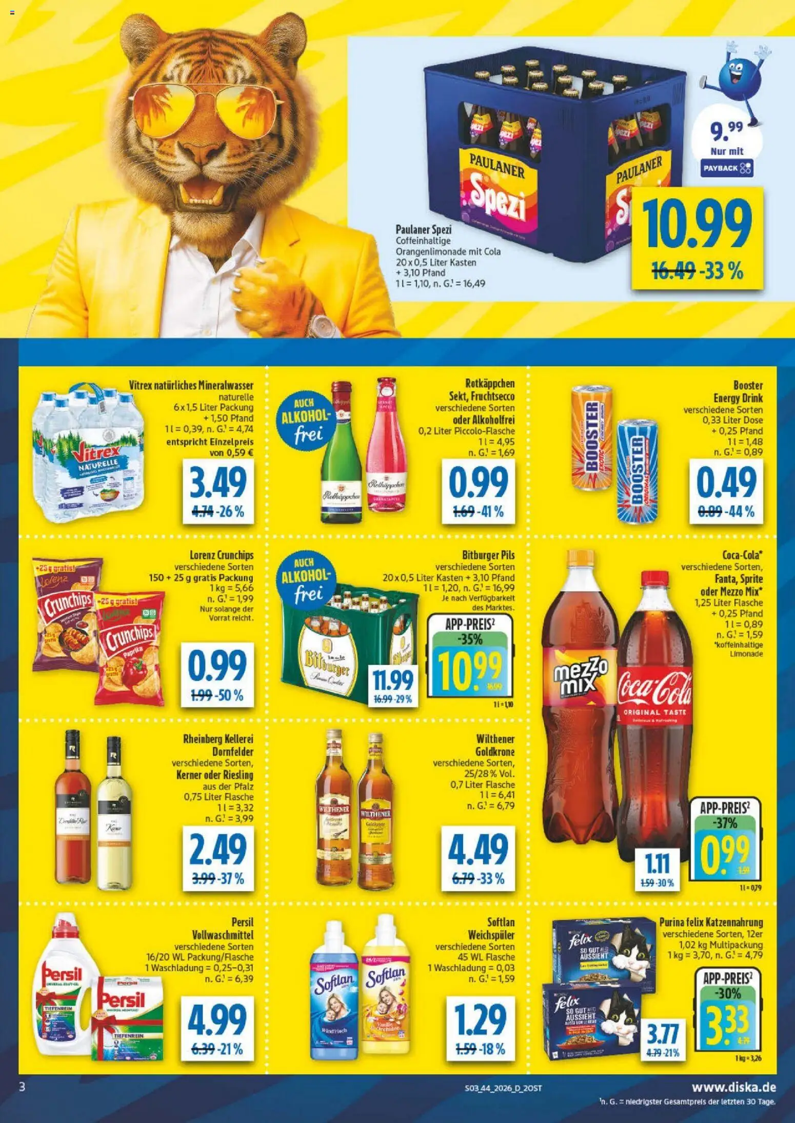 Vorschau von dem Prospekt des Geschäftes Diska, gültig ab dem 26.10.2026 - Mineralwasser, Paulaner spezi, Paulaner, Sprite, Persil, Limonade, Pils, Wilthener