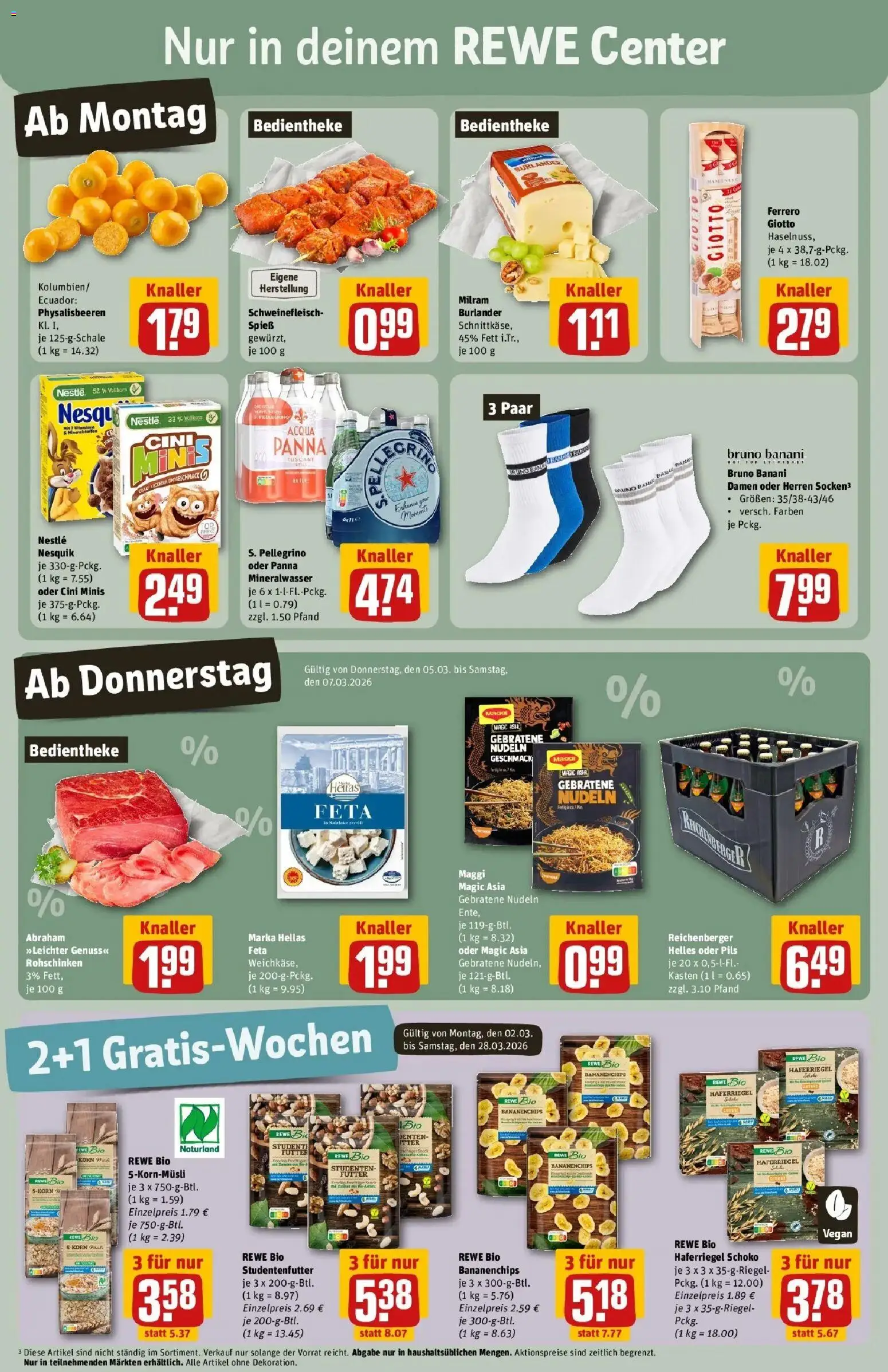 Vorschau von dem Prospekt des Geschäftes Rewe, gültig ab dem 02.03.2026 - Chips, Maggi, Nudeln, Feta, Nesquik, Schweinefleisch, Pils, Milram