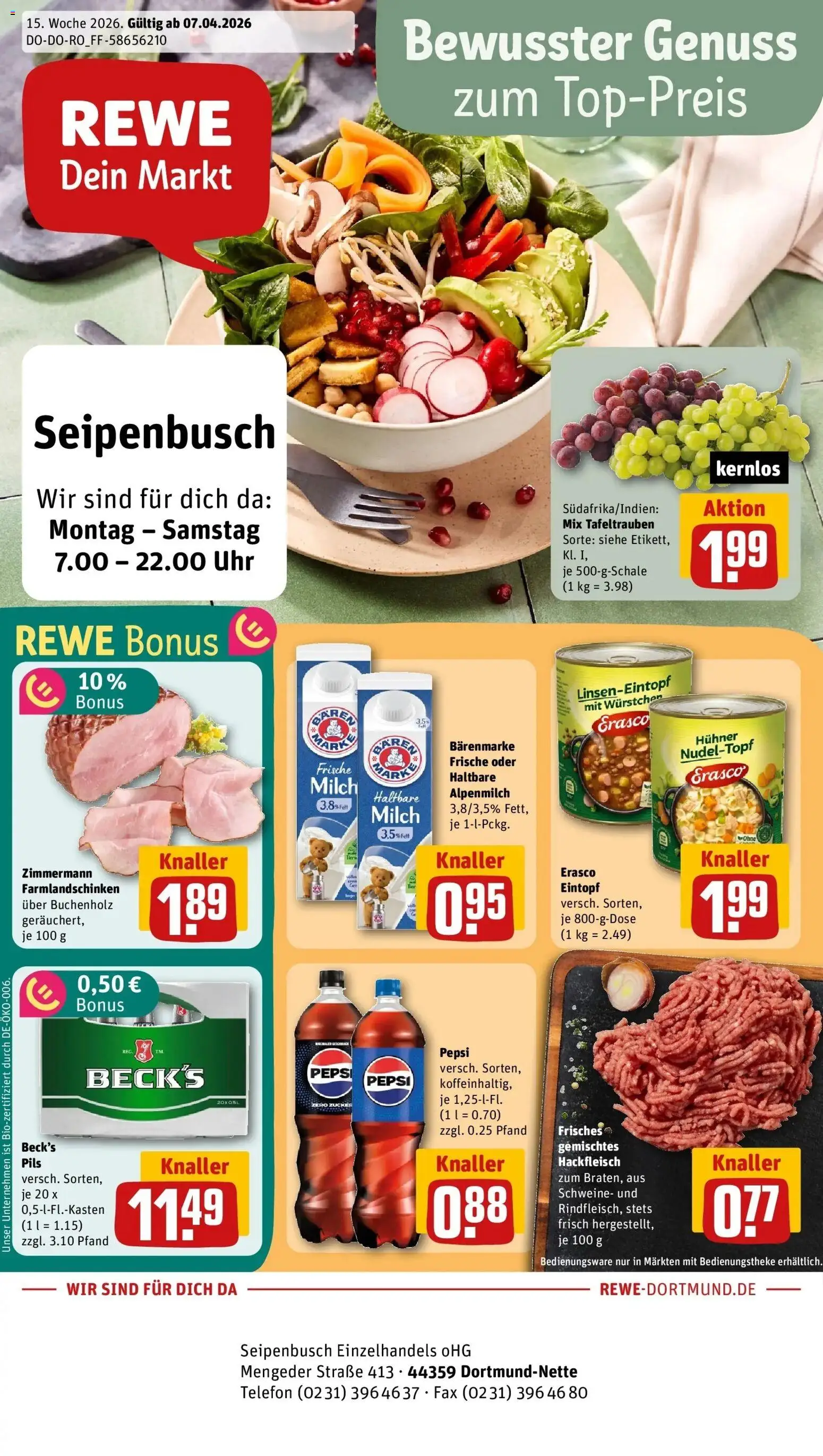 Vorschau von dem Prospekt des Geschäftes Rewe, gültig ab dem 05.04.2026 - Uhr, Milch, Hackfleisch, Zucker, Pepsi, Haltbare milch, Pils, Erasco