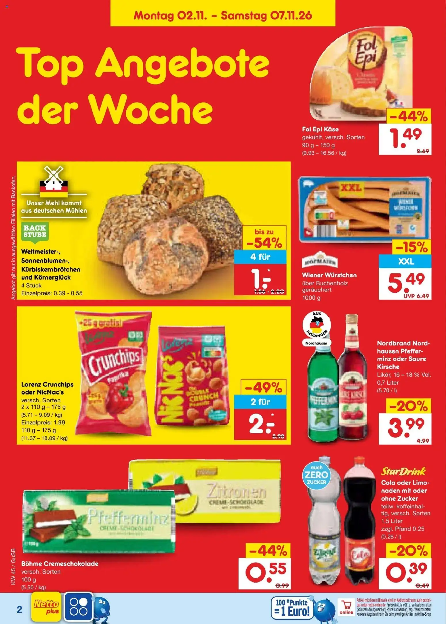 Vorschau von dem Prospekt des Geschäftes Netto Marken-Discount, gültig ab dem 02.11.2026 - Käse, Schokolade, Cola, Top, Paprika, Zucker, Pfeffer, Wiener wurstchen