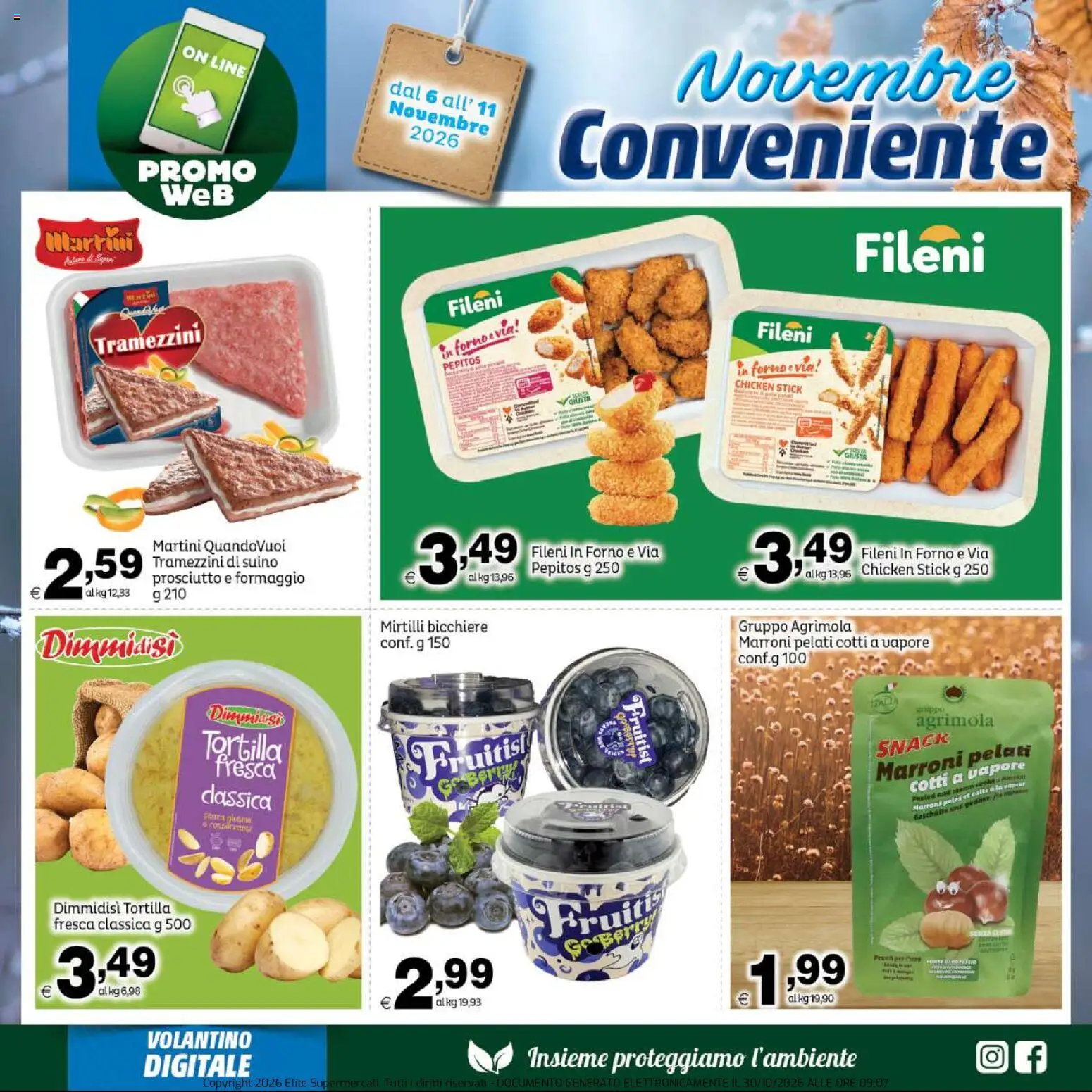 Anteprima dell'opuscolo Elite Supermercati volantino Novembre Conveniente dal negozio Elite Supermercati valido da 06/11/2026 - Forno, Formaggio, Mirtilli, Prosciutto, Martini, Suino, Bicchiere