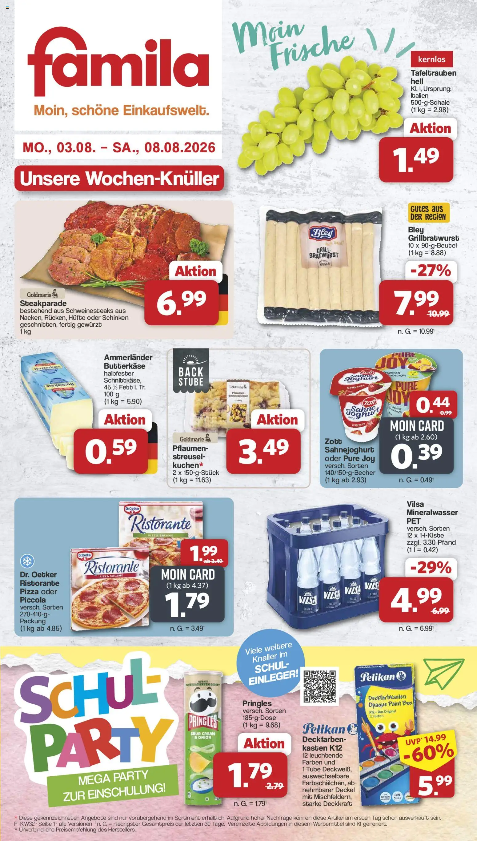Vorschau von dem Prospekt des Geschäftes Famila Nordwest, gültig ab dem 03.08.2026 - Pizza, Grill, Bratwurst, Mineralwasser, Pflaumen, Pringles, Box, Ristorante