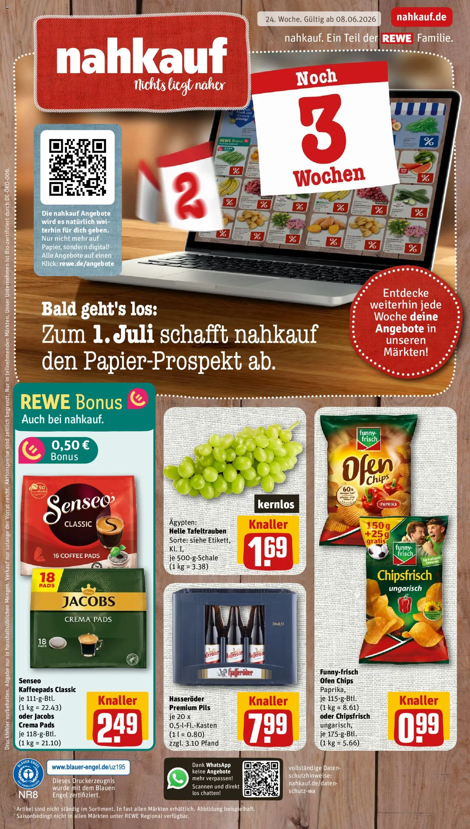 Vorschau von dem Prospekt des Geschäftes Nahkauf, gültig ab dem 08.06.2026 - Chips, Ofen, Paprika, Senseo, Kaffeepads, Hasseröder, Pils
