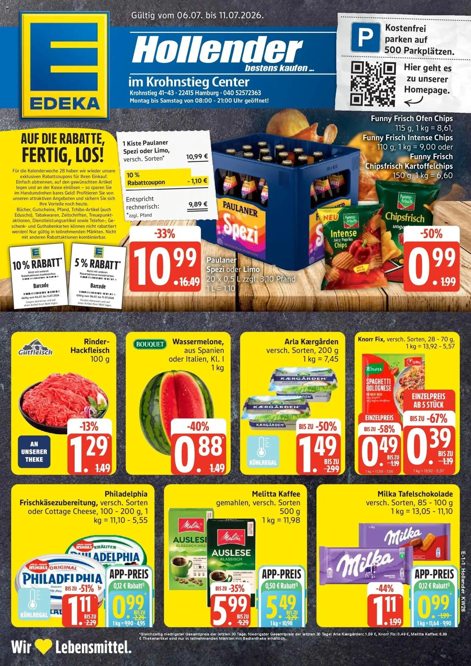 Vorschau von dem Prospekt des Geschäftes Edeka, gültig ab dem 06.07.2026 - Chips, Uhr, Spaghetti, Hackfleisch, Ofen, Milka, Knorr, Knorr fix