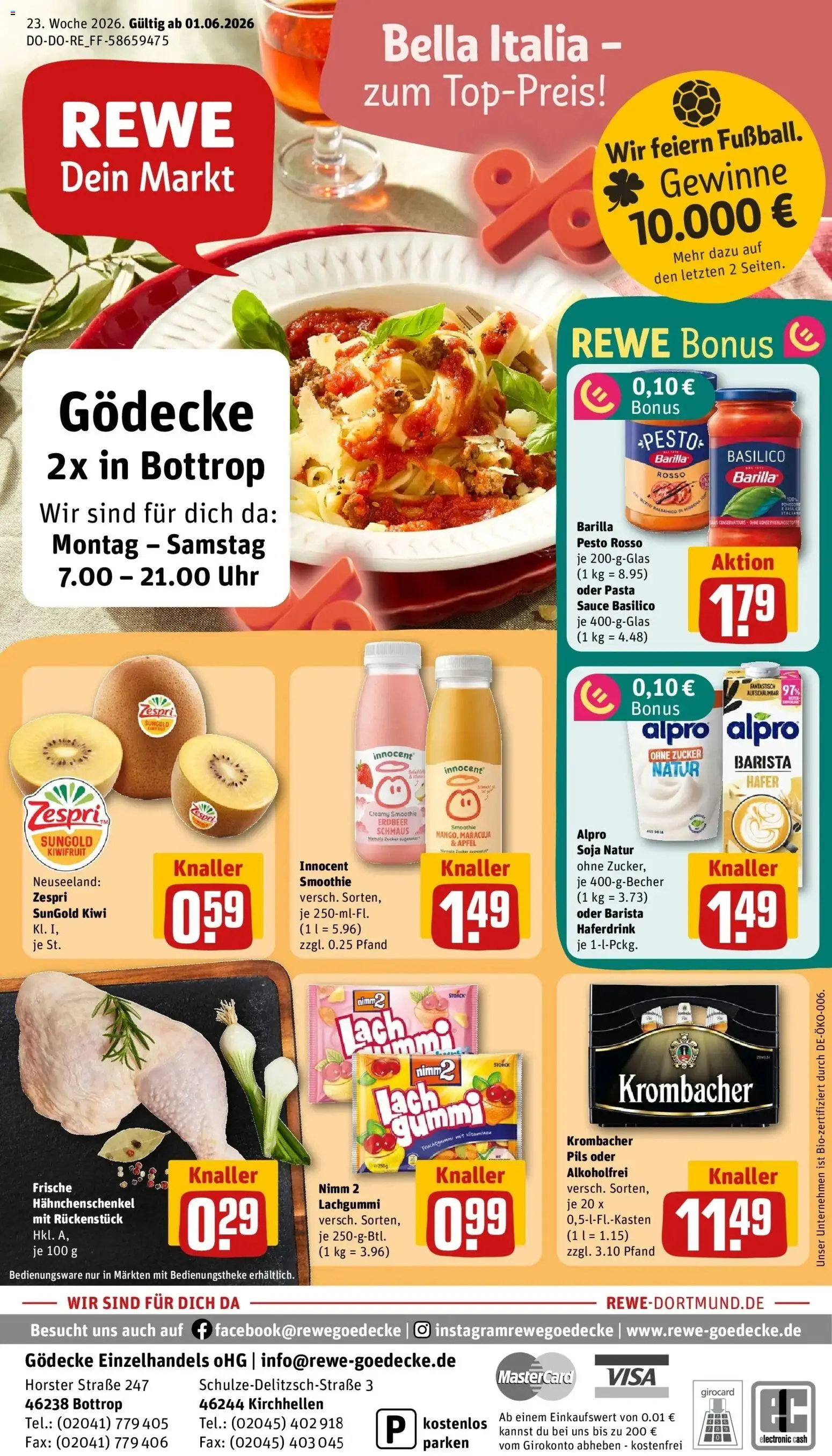 Vorschau von dem Prospekt des Geschäftes Rewe, gültig ab dem 01.06.2026 - Pasta, Kiwi, Krombacher, Zucker, Hahnchenschenkel, Barilla, Barilla pesto, Alpro