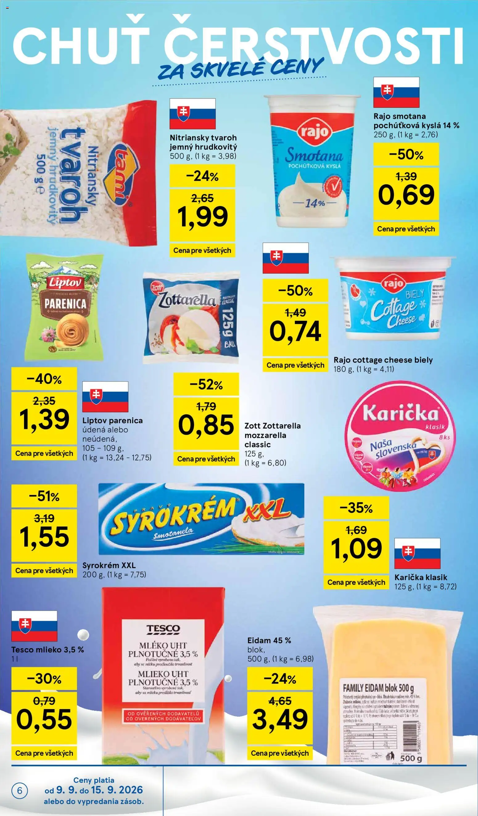 Náhľad Tesco letáku platného od 09.09.2026 - Tvaroh, Mlieko, Mozzarella, Cottage cheese, Cream cheese, Eidam, Eidam 45%, Mlieko 3,5 %