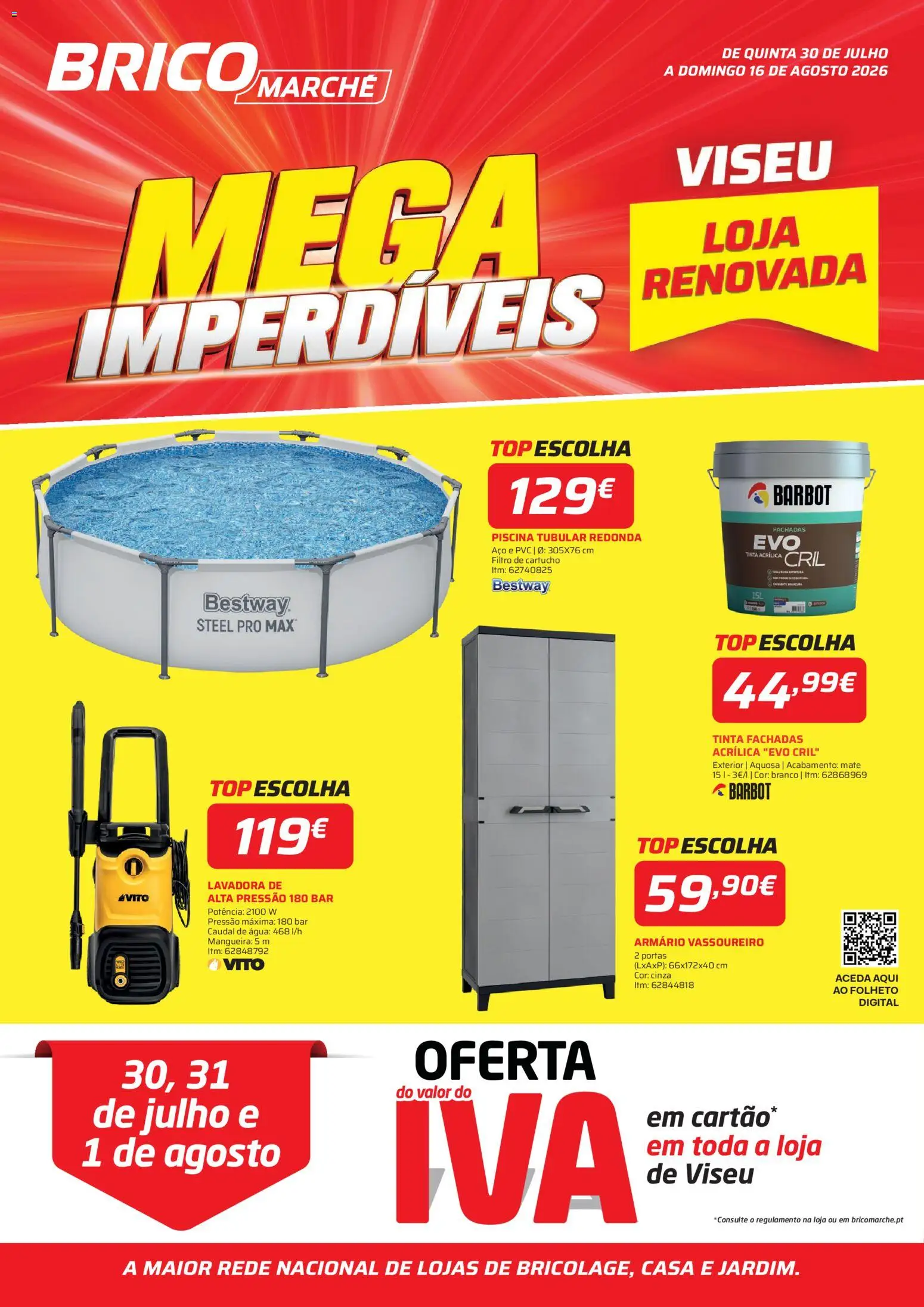 Pré-visualização do folheto da loja BricoMarché válida a partir de 30/07/2026 - Piscina, Agua, Portas, Top, Tinta, Mangueira, Armário