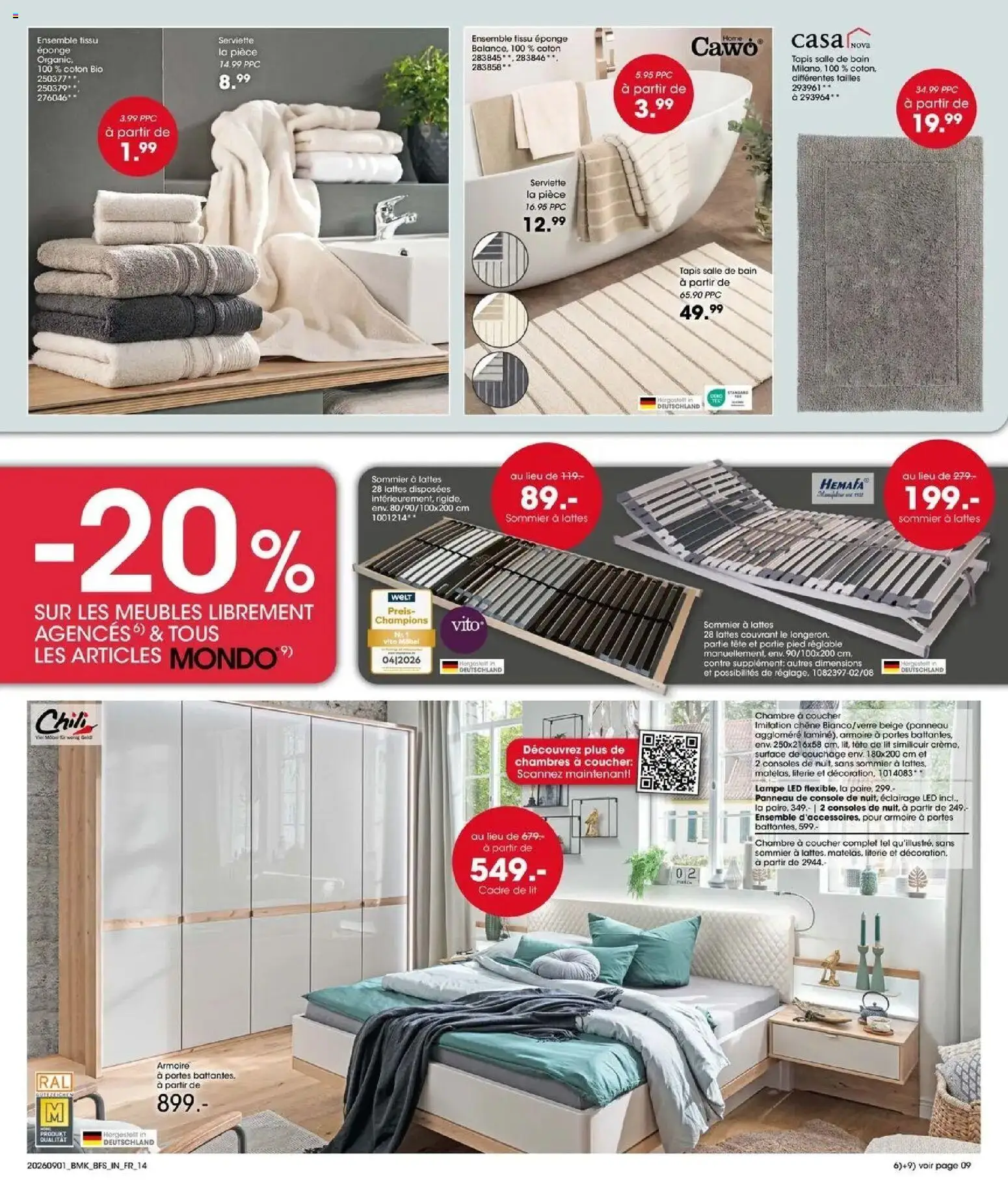 Prévisualisation de Möbel Martin: Offres hebdomadaires du magasin Möbel Martin formulaire valide 01/09/2026 - Tête de lit, Lit, Tapis, Lampe, Literie, Eponge, Éclairage, Portes