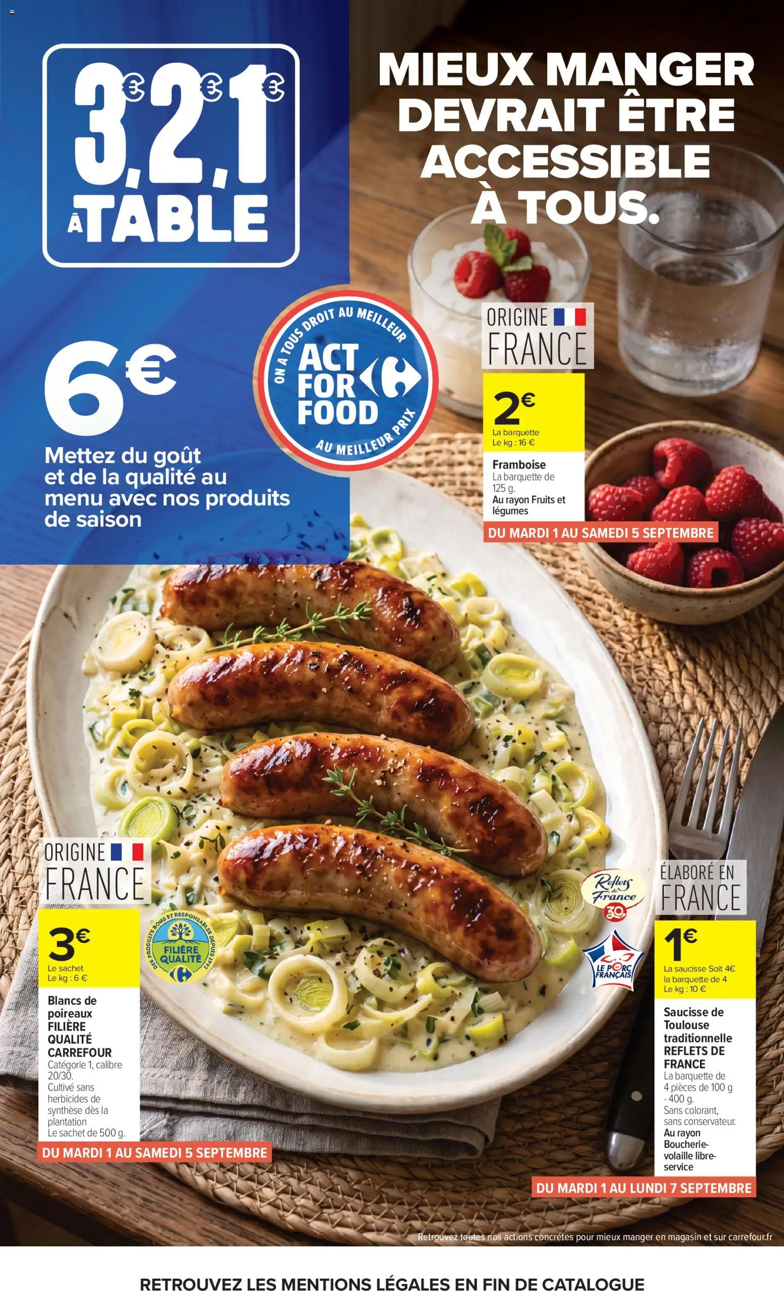 Prévisualisation de Carrefour Market Petit dejeuner du magasin Carrefour Market formulaire valide 01/09/2026 - Fruits, Poireaux, Table, Framboise, Saucisse, Volaille, Porc