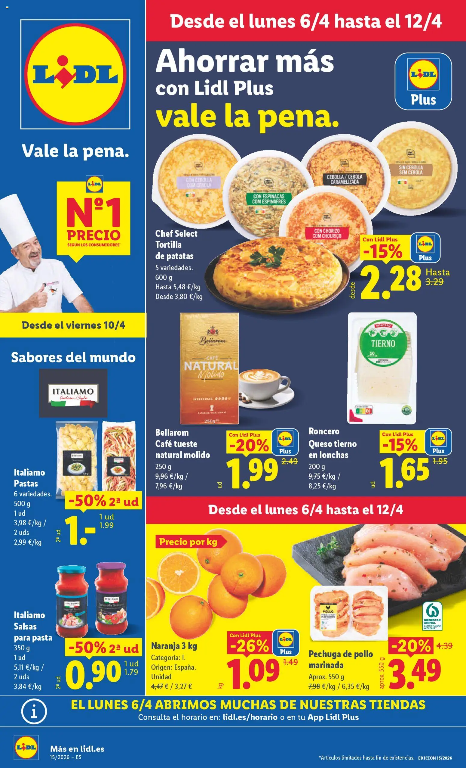 Vista previa del folleto de la tienda Lidl válido desde el 06/04/2026 - Café, Pasta, Queso, Salsas, Patatas, Cebolla, Espinacas, Pollo