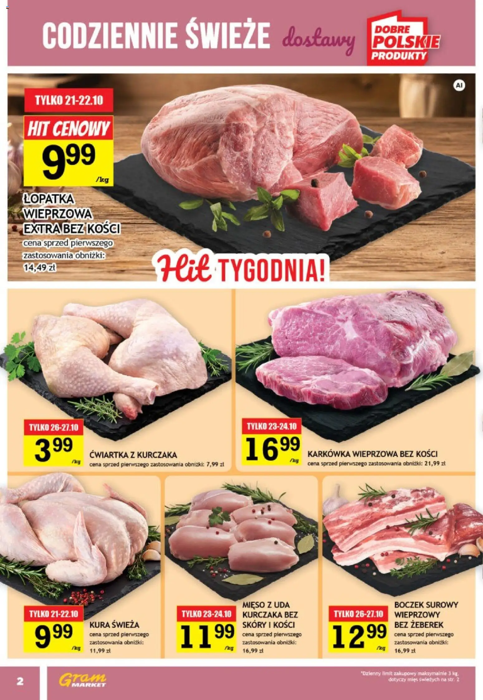 Pogląd gazetki "Gram Market gazetka" ze sklepu Gram Market ważnej od 21.10.2026 - Mięso, Karkówka, Boczek, Łopatka wieprzowa, Ćwiartka z kurczaka, Boczek surowy, Karkówka wieprzowa