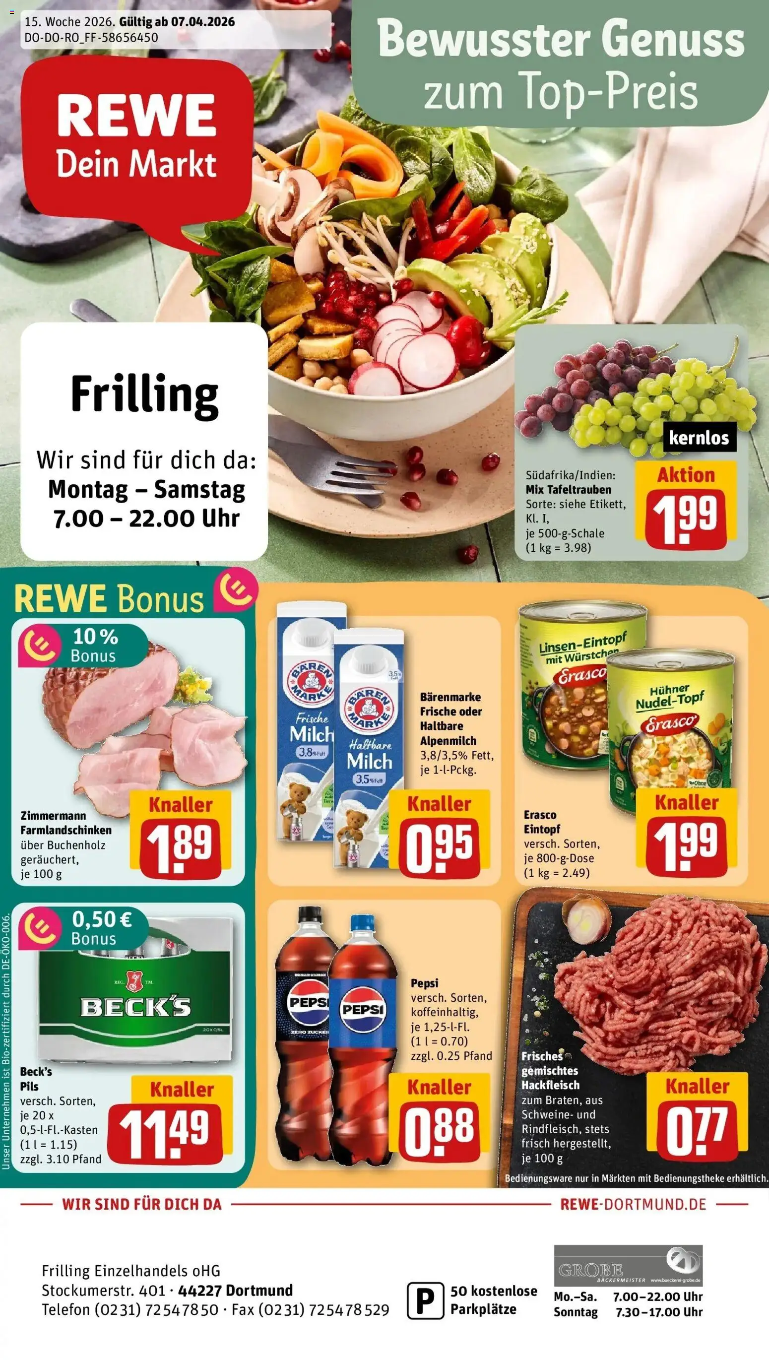 Vorschau von dem Prospekt des Geschäftes Rewe, gültig ab dem 05.04.2026 - Uhr, Telefon, Milch, Hackfleisch, Zucker, Pepsi, Pils, Erasco
