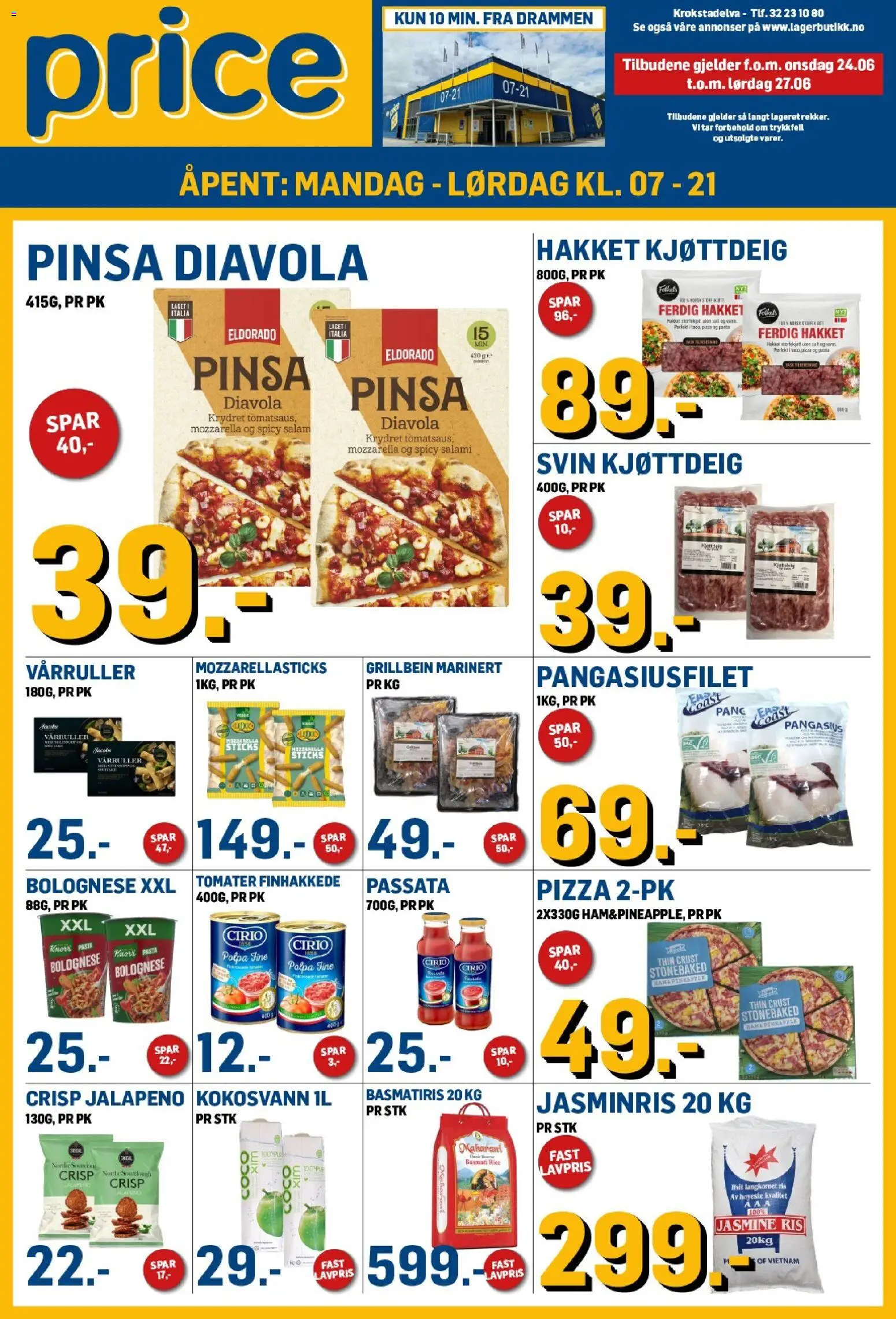 Forhåndsvis Price Lagerbutikk kundeavis fra butikk Price Lagerbutikk gyldig fra 24/06/2026 - Jasminris, Pasta, Kjøttdeig, Vårruller, Mozzarella sticks, Salt, Mozzarella, Grillbein