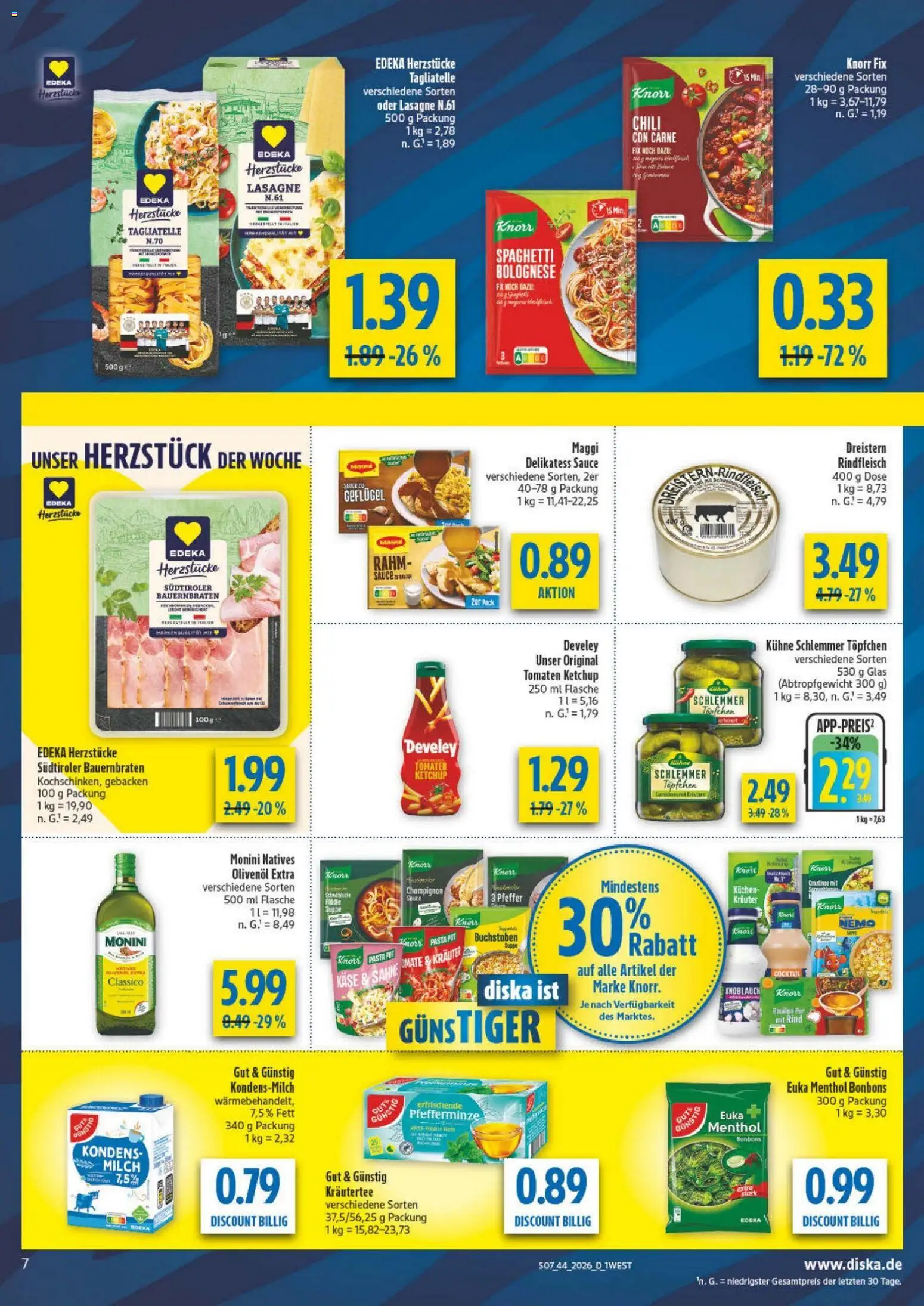 Vorschau von dem Prospekt des Geschäftes Diska, gültig ab dem 26.10.2026 - Kuchen, Käse, Pasta, Milch, Kondensmilch, Knorr, Kräutertee, Olivenol