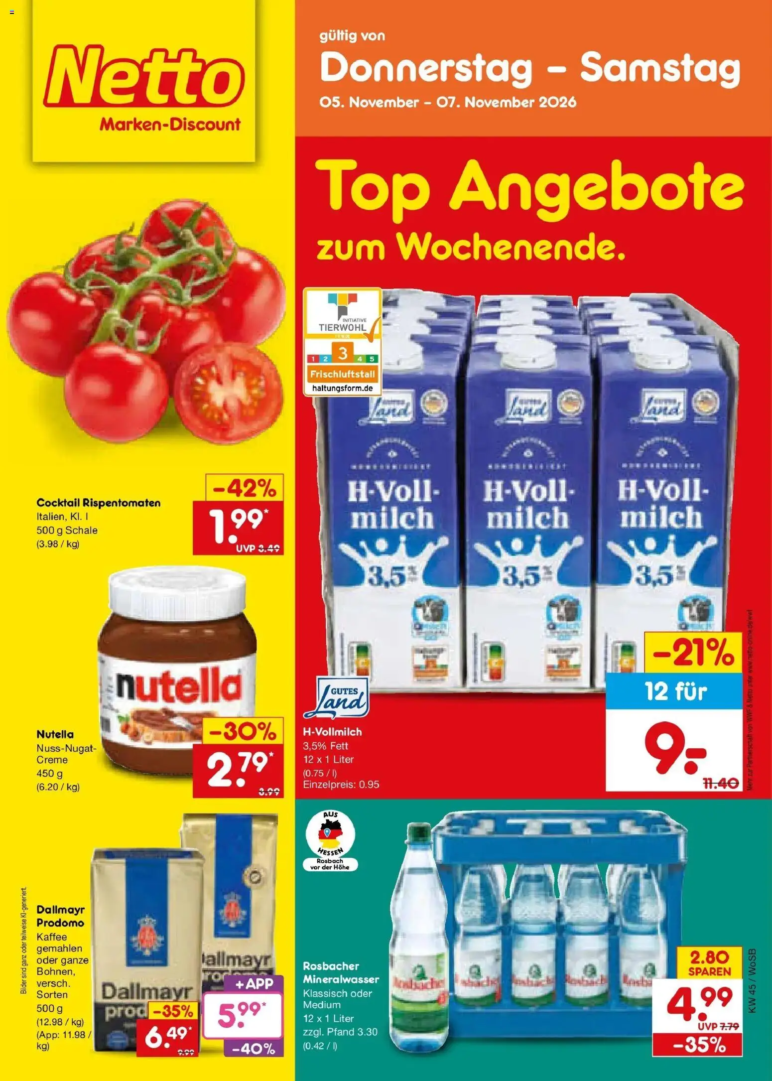 Vorschau von dem Prospekt des Geschäftes Netto Marken-Discount, gültig ab dem 02.11.2026 - Kaffee, Nutella, Mineralwasser, Top, Milch, Dallmayr, Creme, Dallmayr prodomo