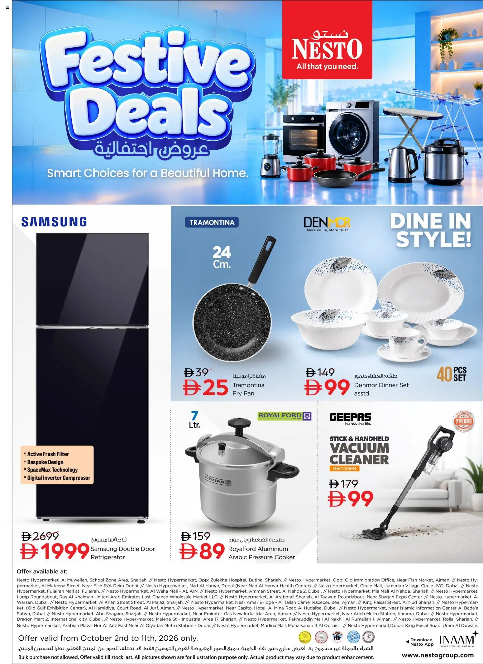 Preview of the catalogue Nesto Festive Deals of store Nesto valid from 29 Sep, 2026 - Fish, Refrigerator, Stock, Pressure cooker, Lamp, Compressor, Cooker