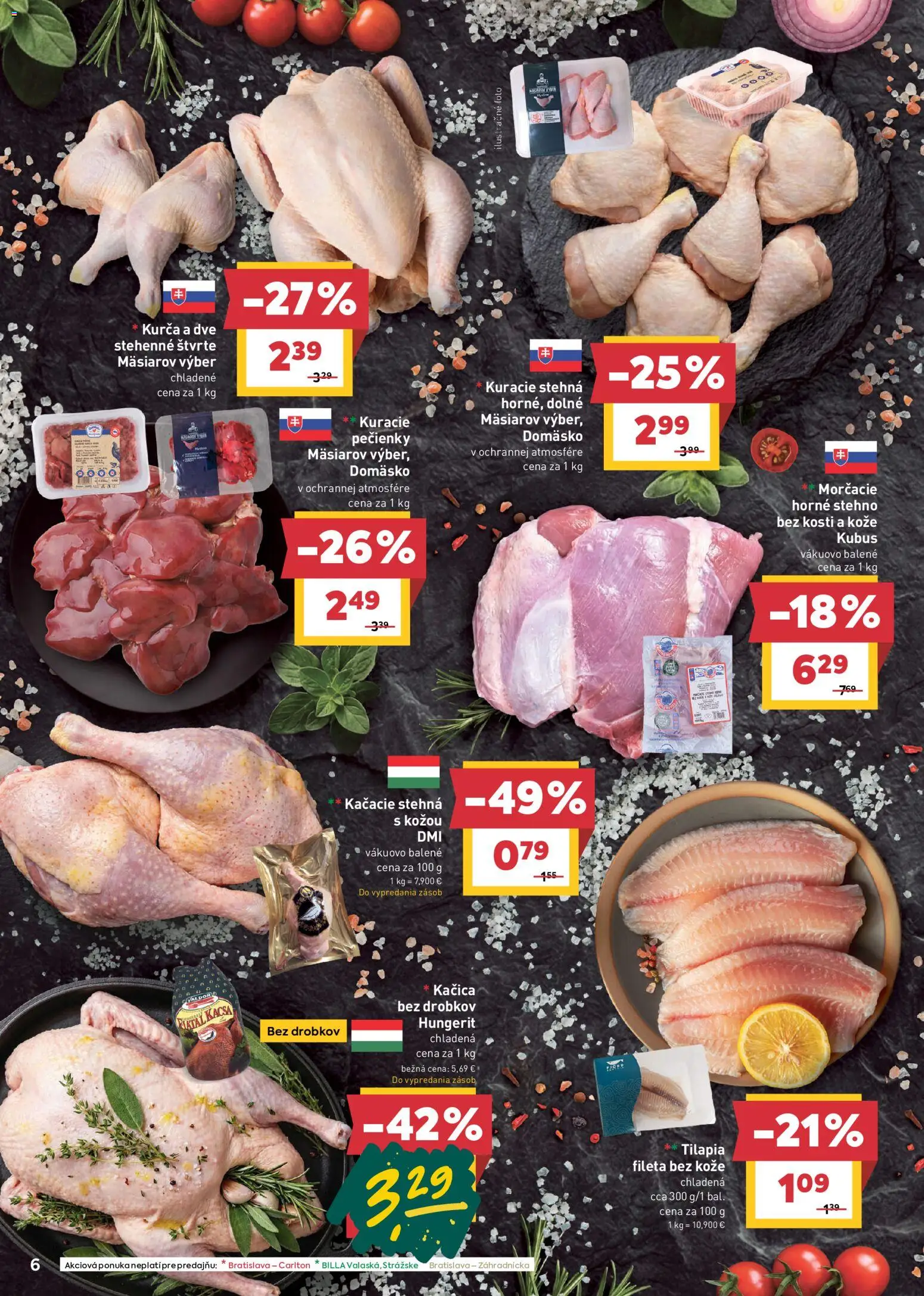 Náhľad Billa letáku platného od 28.10.2026 - Kuracie stehná, Kačacie stehná, Kačica, Kurča, Tilápia, Stehná