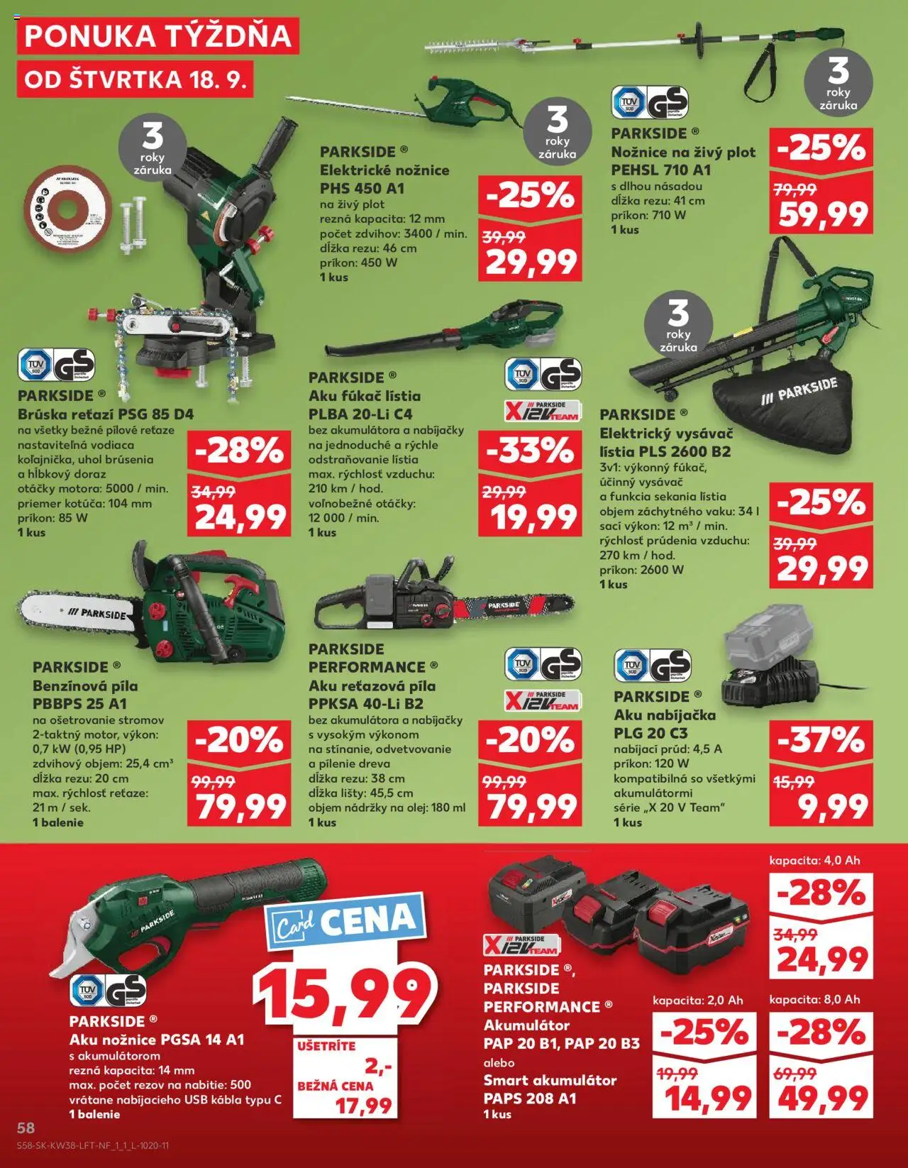 Náhľad Kaufland letáku platného od 18.09.2025 - Parkside, Vysávač, Píla, Olej, Nožnice na živý plot, Aku, Akumulátor, Aku reťazová píla
