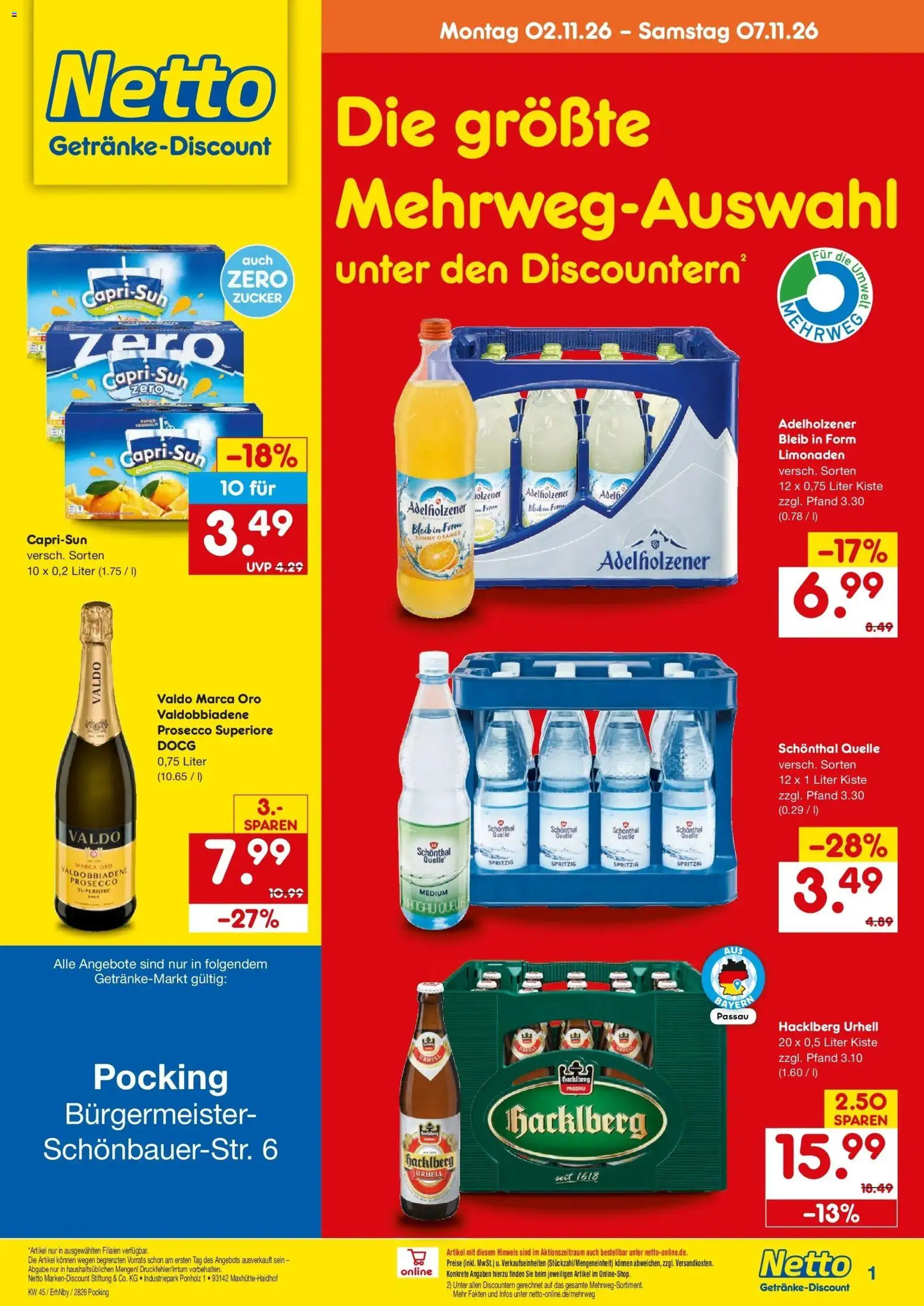 Vorschau von dem Prospekt des Geschäftes Netto Marken-Discount, gültig ab dem 02.11.2026 - Prosecco, Zucker, Adelholzener