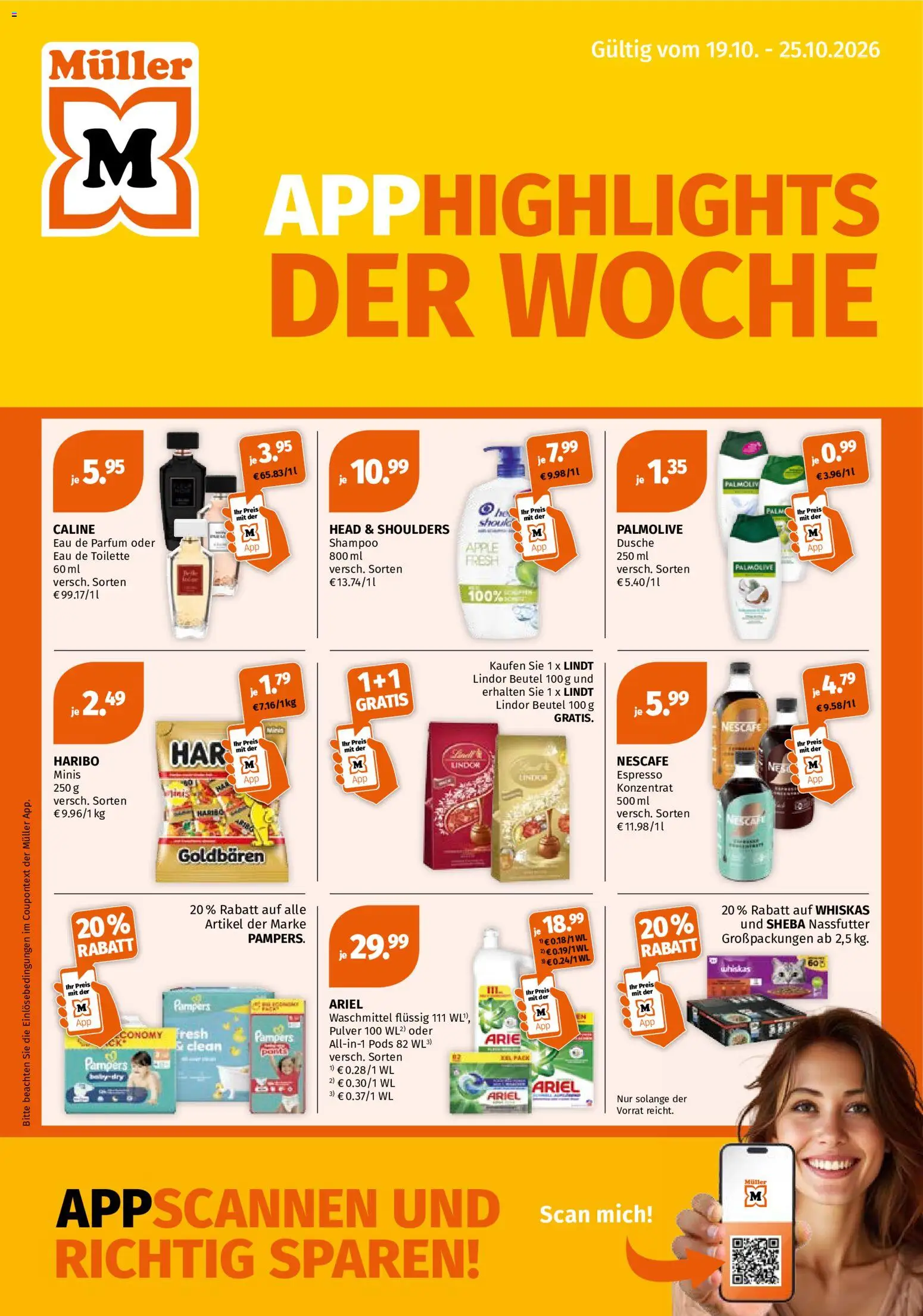 Vorschau von dem Prospekt des Geschäftes Müller, gültig ab dem 19.10.2026 - Lindt, Dusche, Waschmittel, Nescafe, Eau de Parfum, Whiskas, Sheba, Head & shoulders