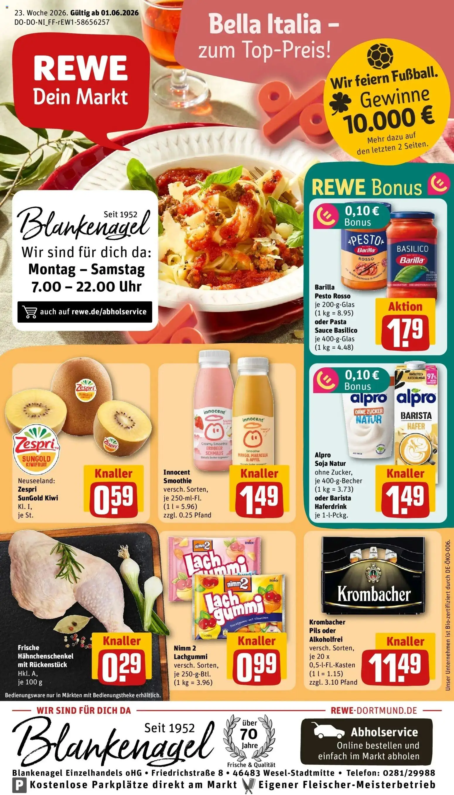 Vorschau von dem Prospekt des Geschäftes Rewe, gültig ab dem 01.06.2026 - Uhr, Telefon, Pasta, Krombacher, Zucker, Hahnchenschenkel, Barilla, Barilla pesto