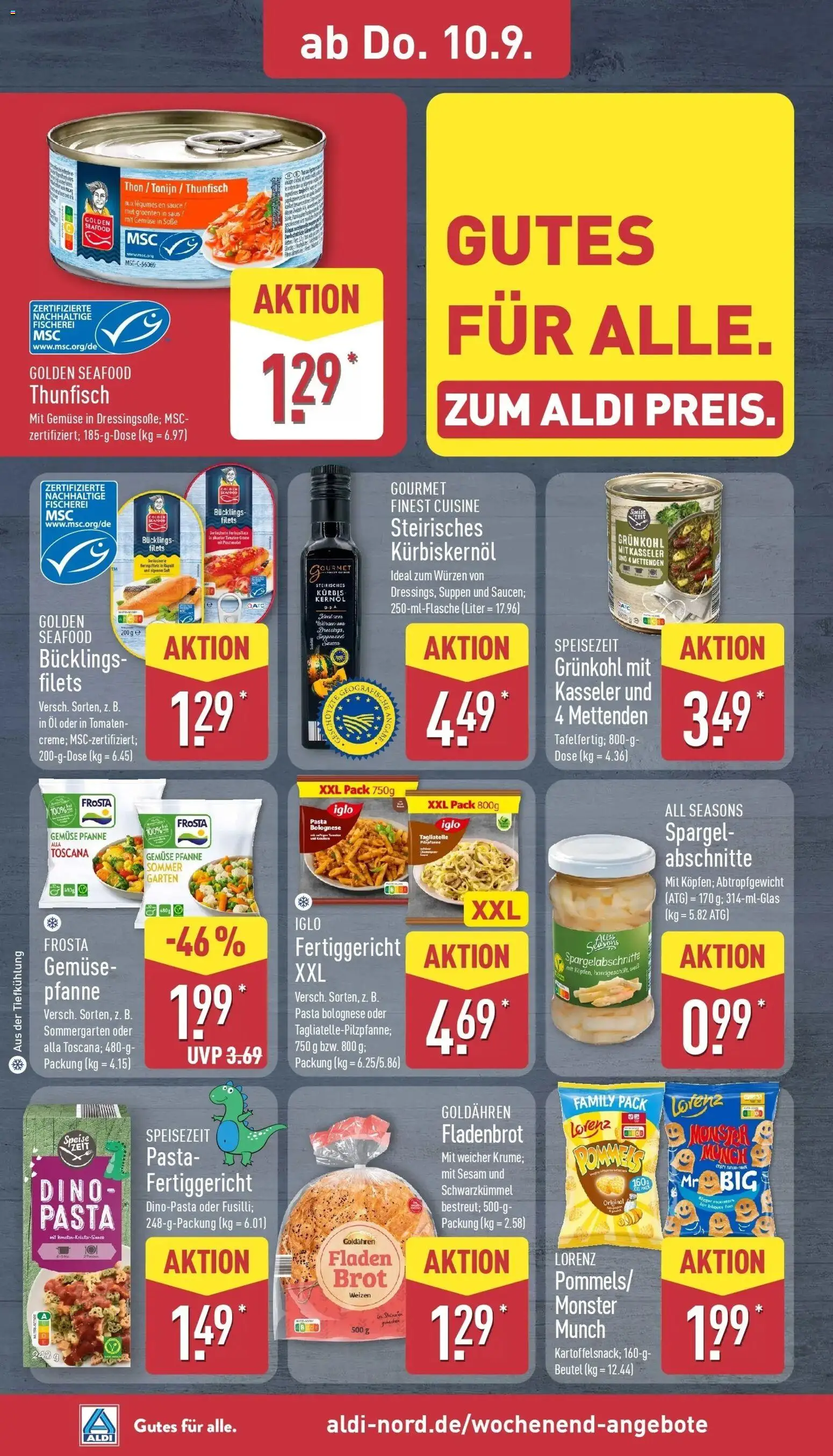 Vorschau von dem Prospekt des Geschäftes Aldi, gültig ab dem 07.09.2026 - Pasta, Monster, Öl, Thunfisch, Spargel, Soße, Kürbiskernöl, Saft