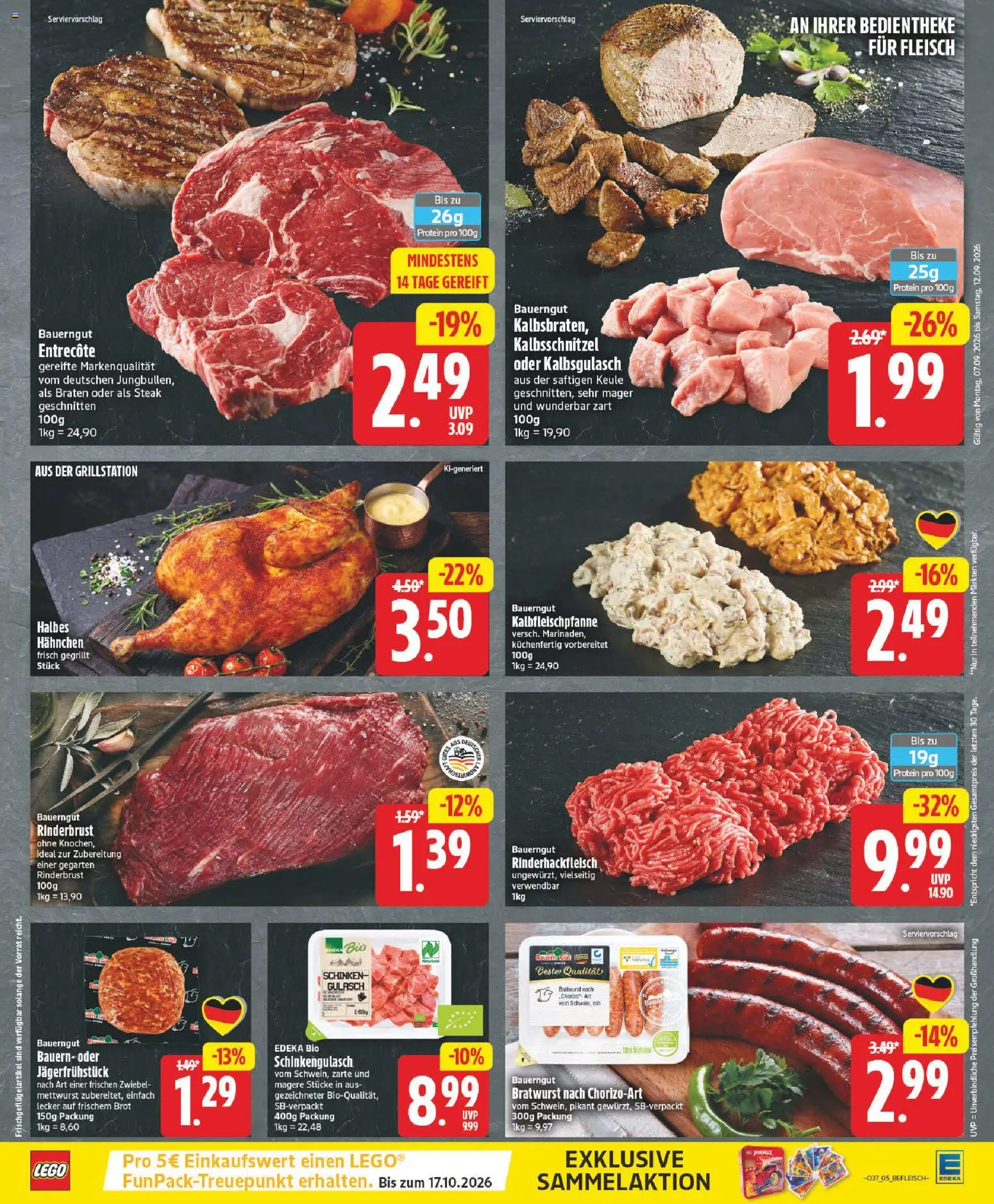 Vorschau von dem Prospekt des Geschäftes Edeka, gültig ab dem 07.09.2026 - Steak, Gulasch, Entrecote, Brot, Fleisch, Schinken, Hahnchen, Bauerngut