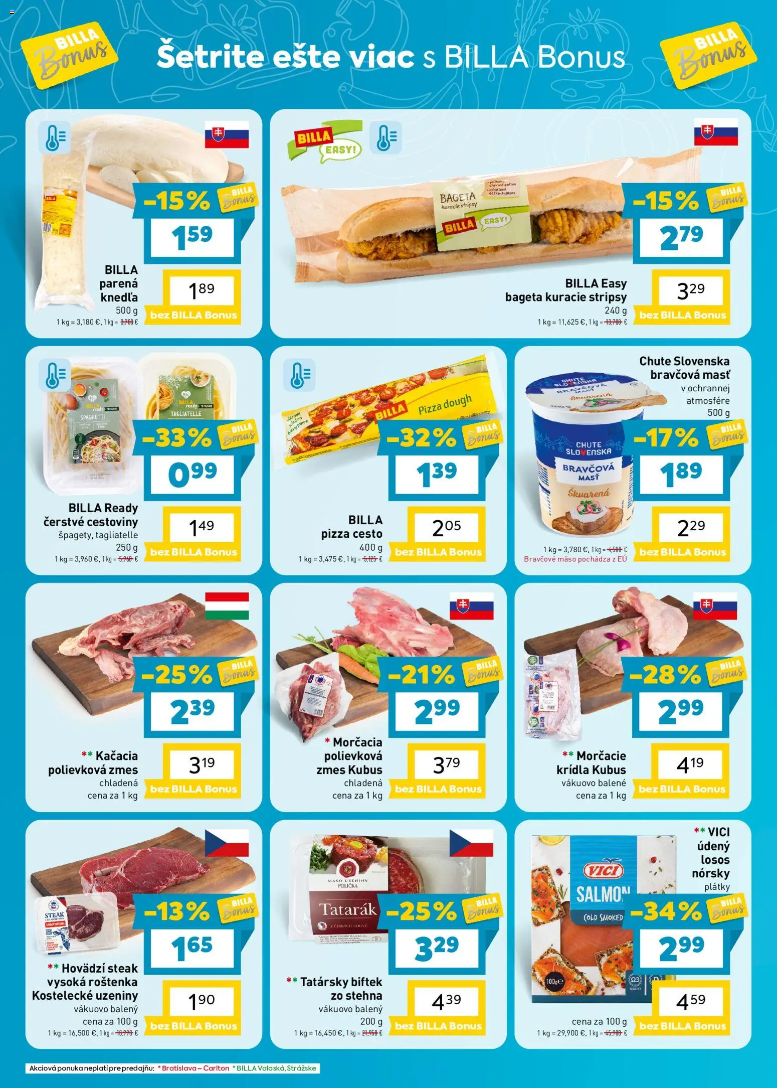 Náhľad Billa letáku platného od 21.10.2026 - Pizza, Tatarák, Steak, Losos, Roštenka, Bravčové mäso, Pečivo, Bravčová masť