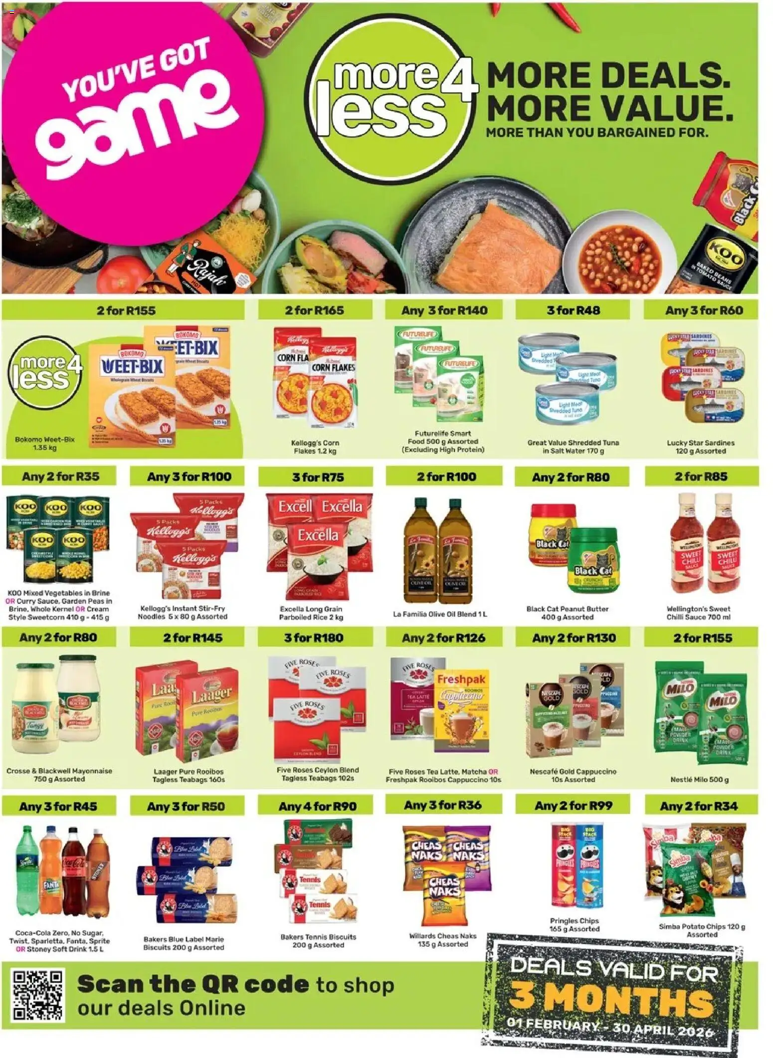 Preview of Game Catalogue More 4 Less valid 01/02/2026 - Water, Rice, Vegetables, Cream, Corn flakes, Tuna, Matcha, Parboiled rice