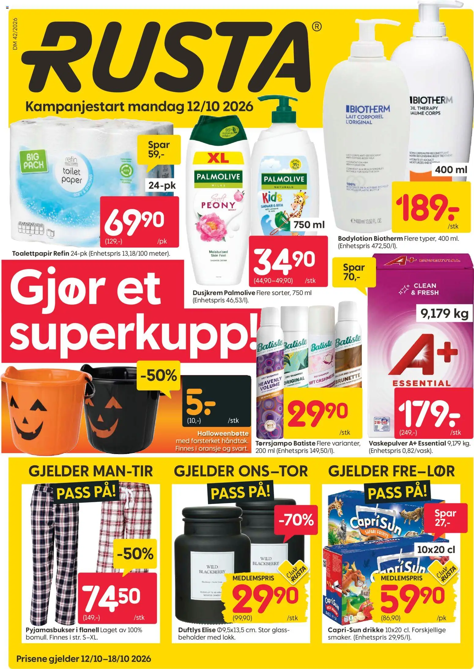 Forhåndsvis Rusta kundeavis fra butikk Rusta gyldig fra 12/10/2026 - Body, Toalettpapir, And, Biotherm bodylotion, Glass, Shampoo, Duftlys, Bodylotion