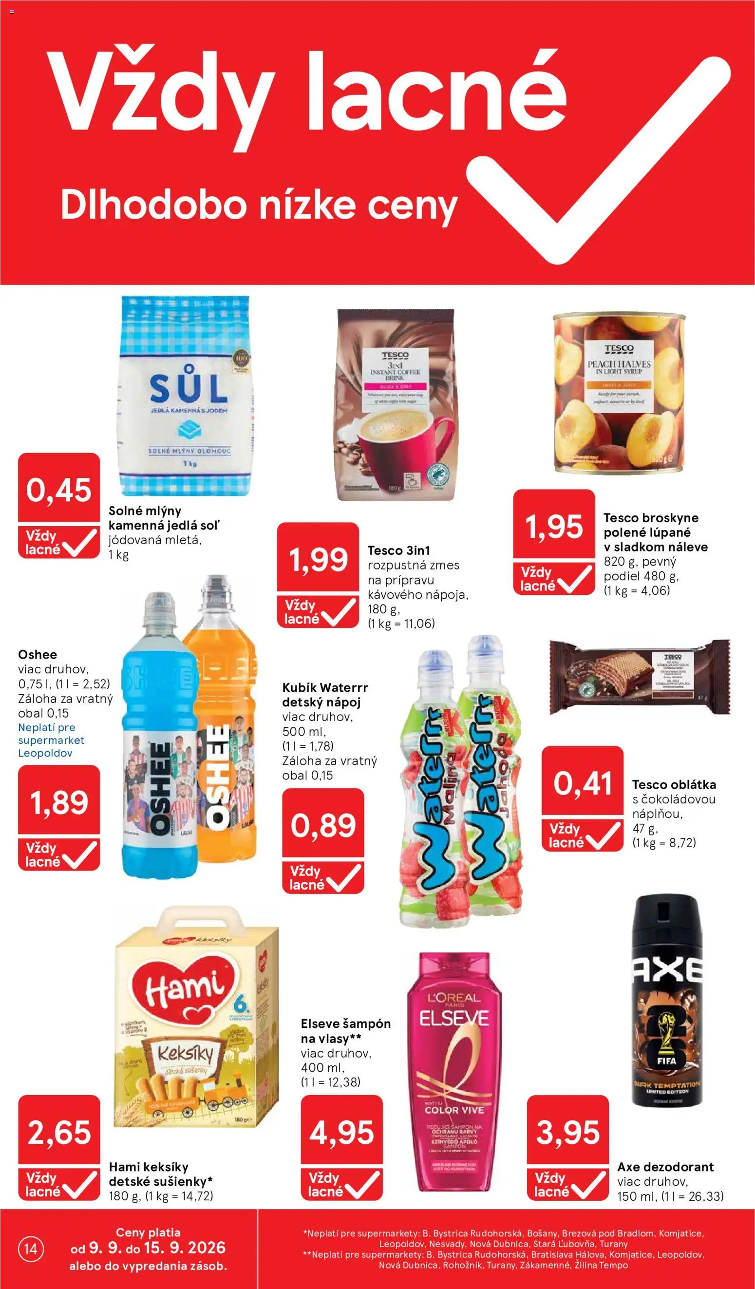 Náhľad Tesco letáku platného od 09.09.2026 - Soľ, Dezodorant, Šampón, Broskyne, Detský nápoj