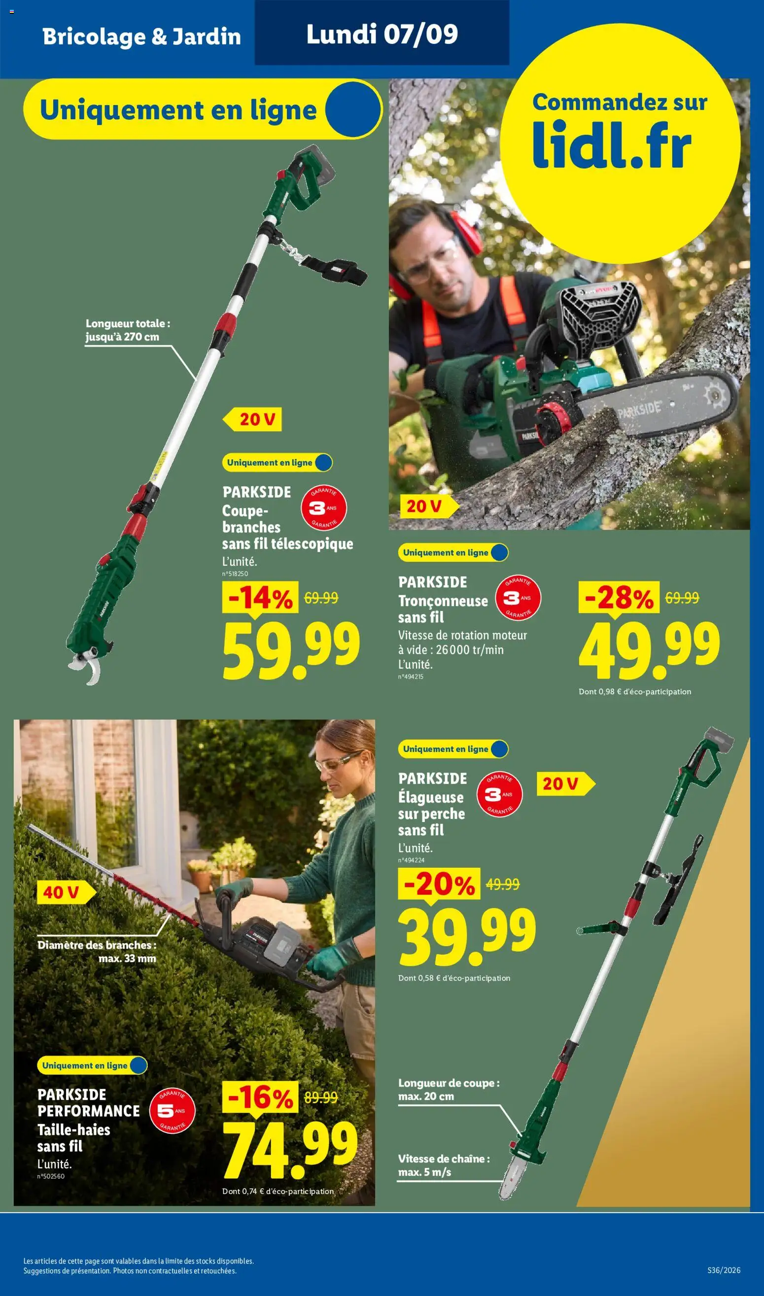 Prévisualisation de LIDL catalogue les bonnes affaires Exclu Web du magasin LIDL formulaire valide 07/09/2026 - Bricolage, Parkside, Tronçonneuse, Perche, Élagueuse, Élagueuse sur perche, Tronçonneuse sans fil, Elagueuse sur perche sans fil