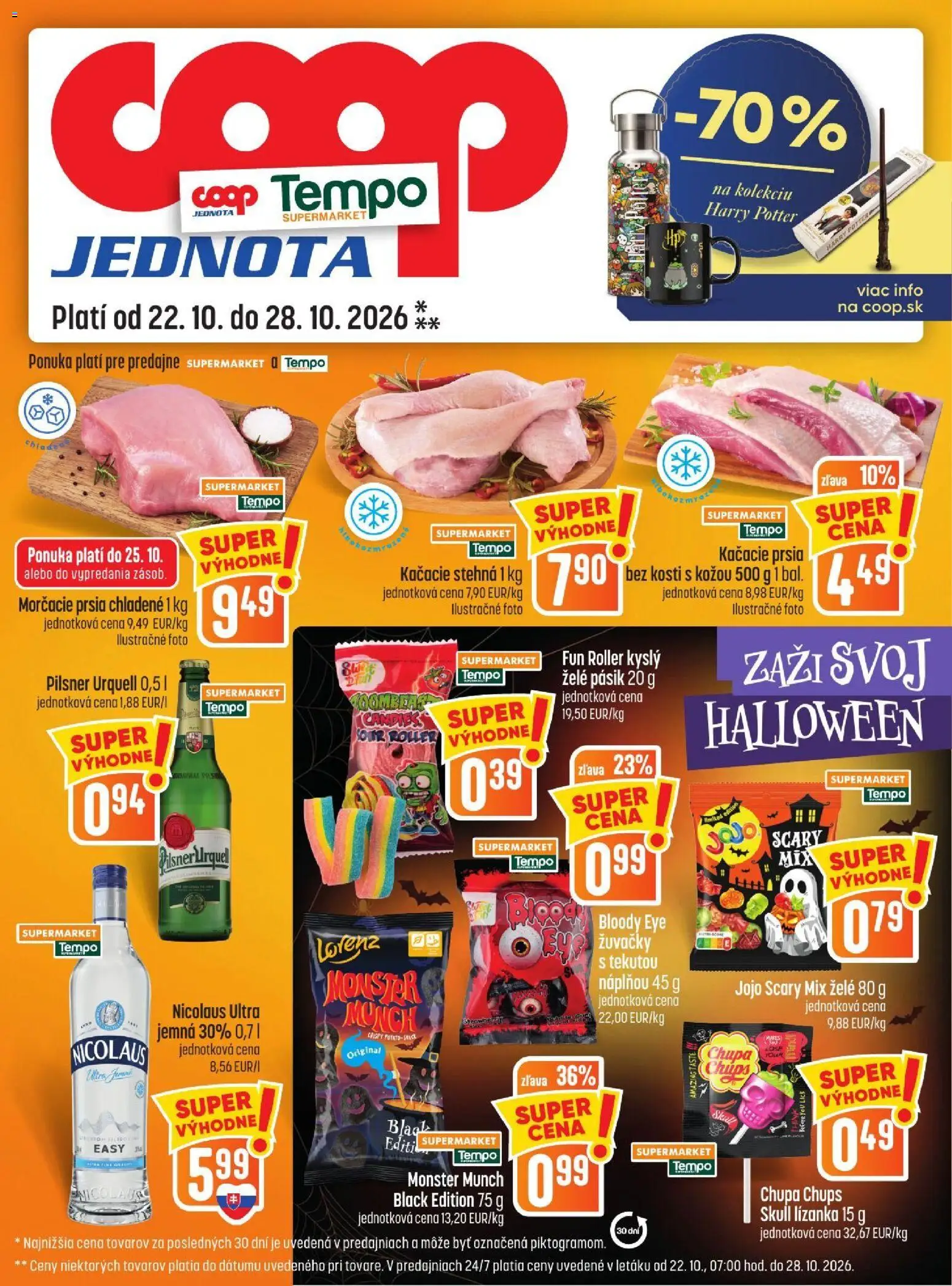 Náhľad COOP Jednota letáku platného od 22.10.2026 - Pilsner Urquell, Kačacie prsia, Morčacie prsia, Kačacie stehná, Žuvačky, Stehná