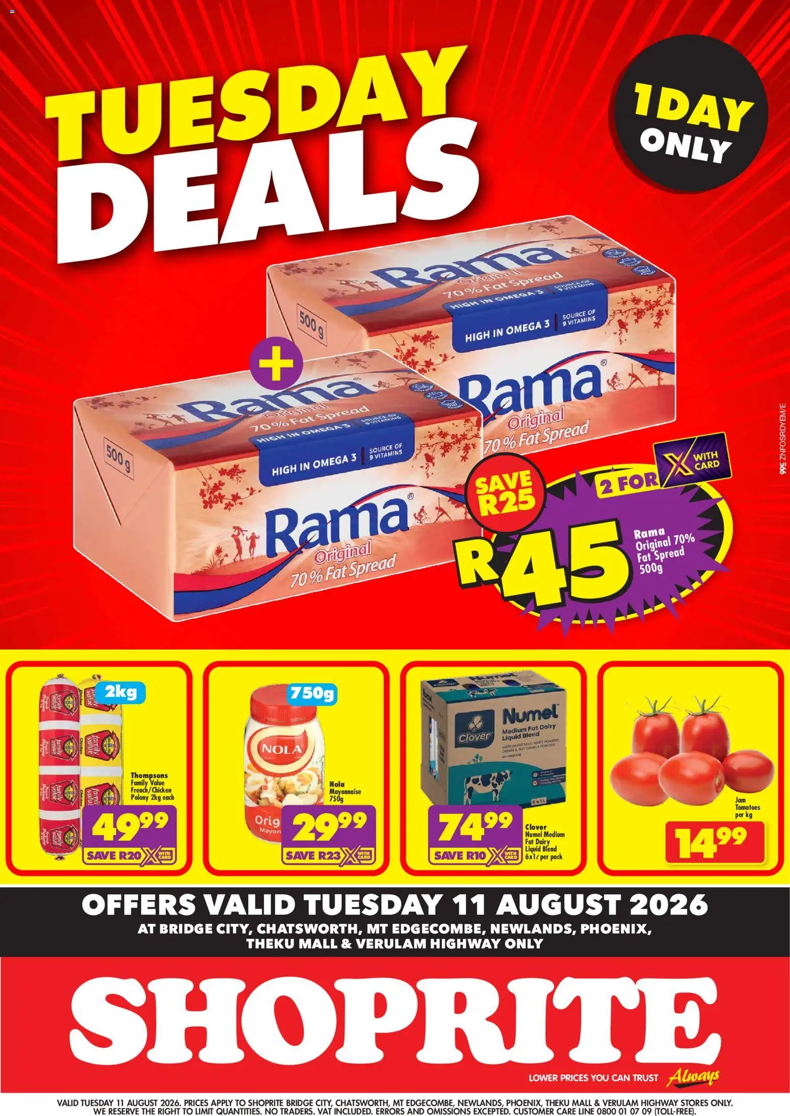 Preview of Shoprite flyer valid from 11/08/2026 - Chicken, Omega 3, Tomatoes, Mayonnaise, Vitamins, Polony, Spread, Fat spread