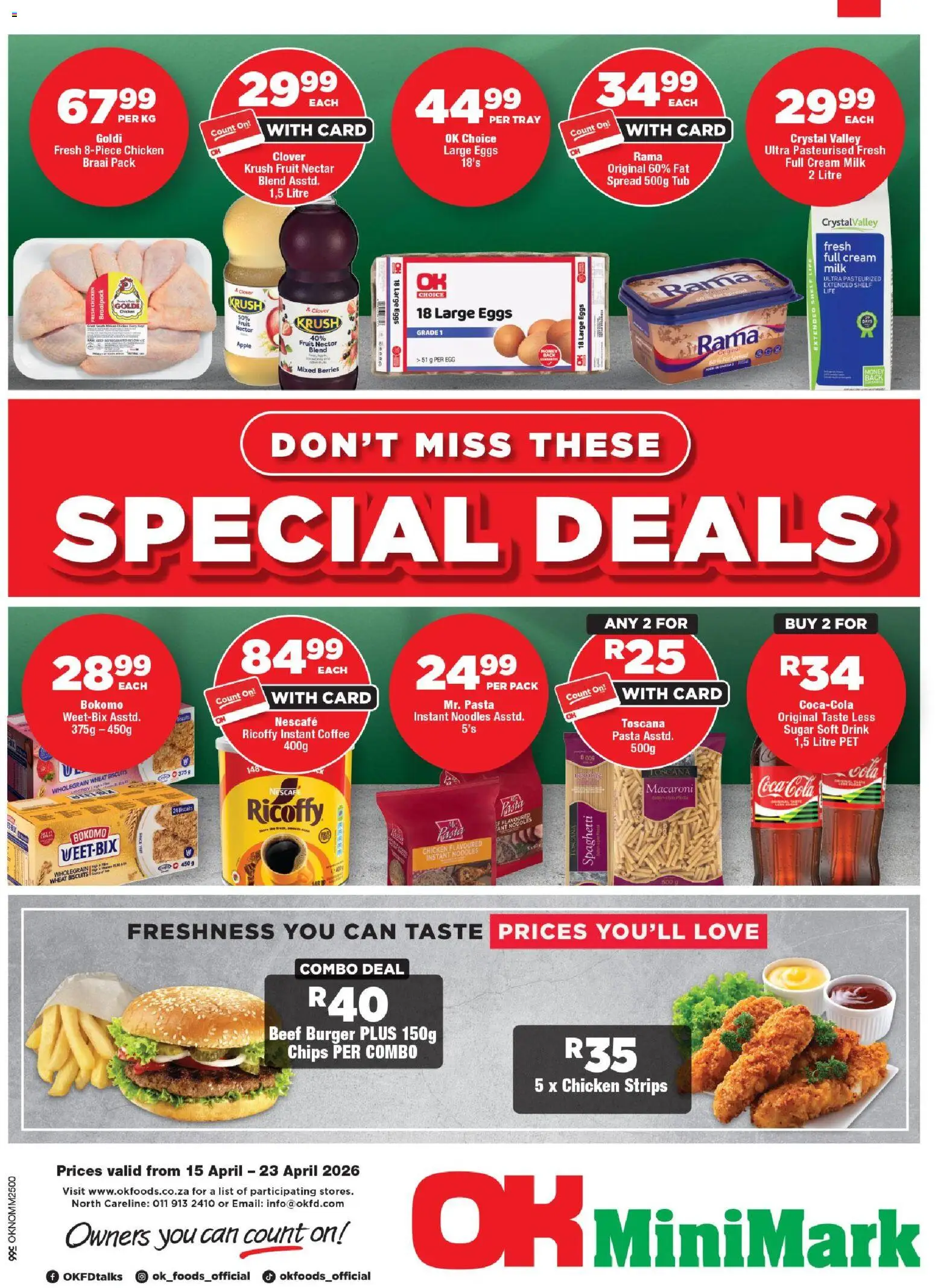 Preview of OK Foods flyer valid from 15/04/2026 - Chicken, Eggs, Fruit, Chips, Sugar, Cream, Chicken strips, Instant coffee