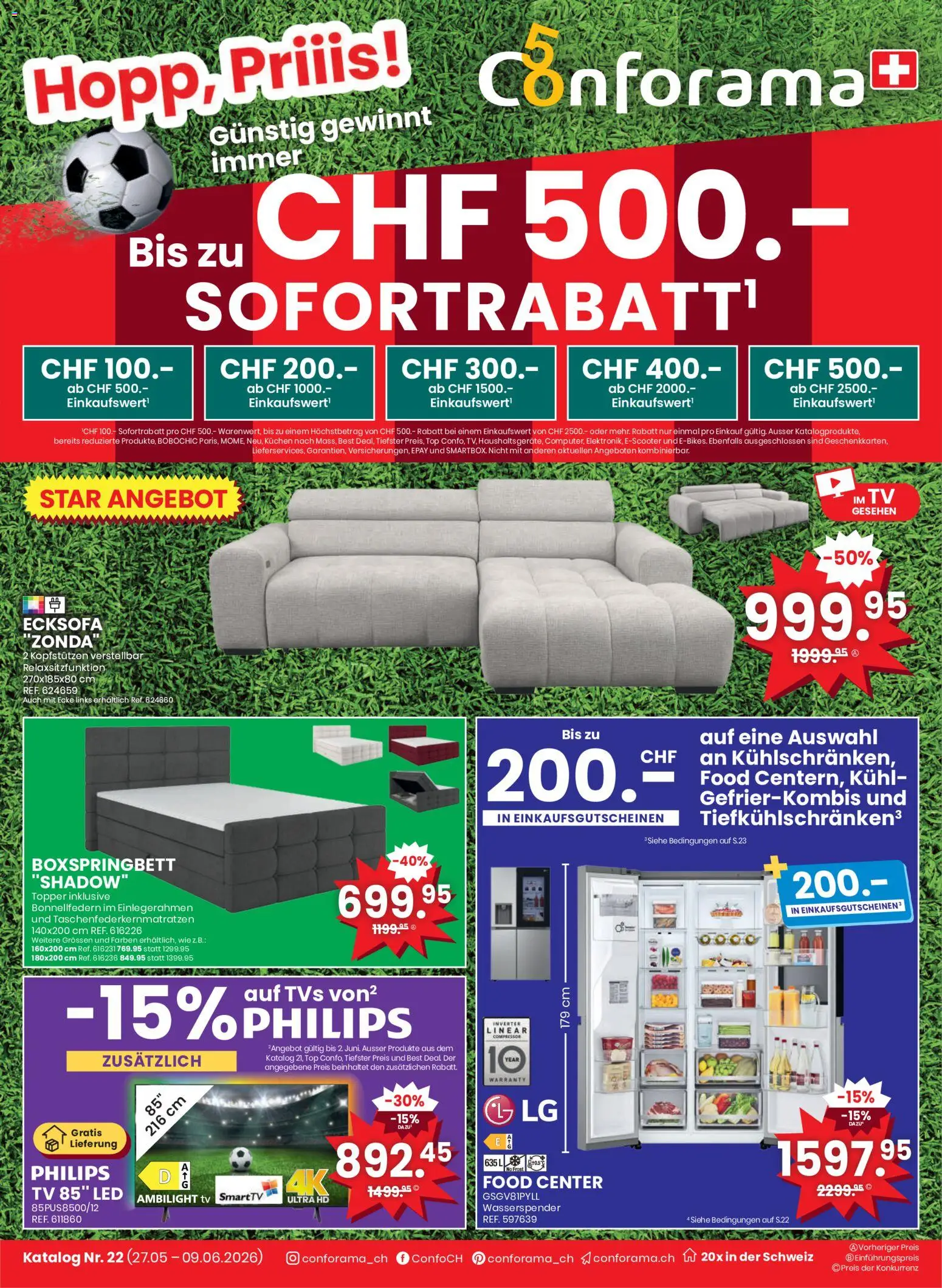 Vorschau des Merkblatts Conforama aktionen Hopp, Pris vom Shop Conforama gültig von 27.05.2026 bis 09.06.2026 - TV, Boxspringbett, Ecksofa, Philips, Top, Topper
