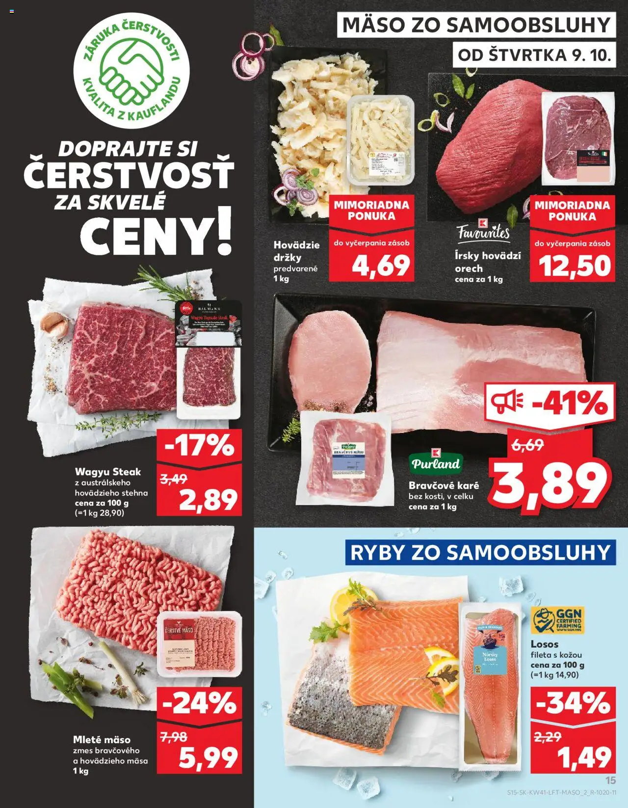Náhľad Kaufland letáku platného od 09.10.2025 - Mäso, Steak, Ryby, Losos, Bravčové karé, Mleté mäso, Hovädzie držky