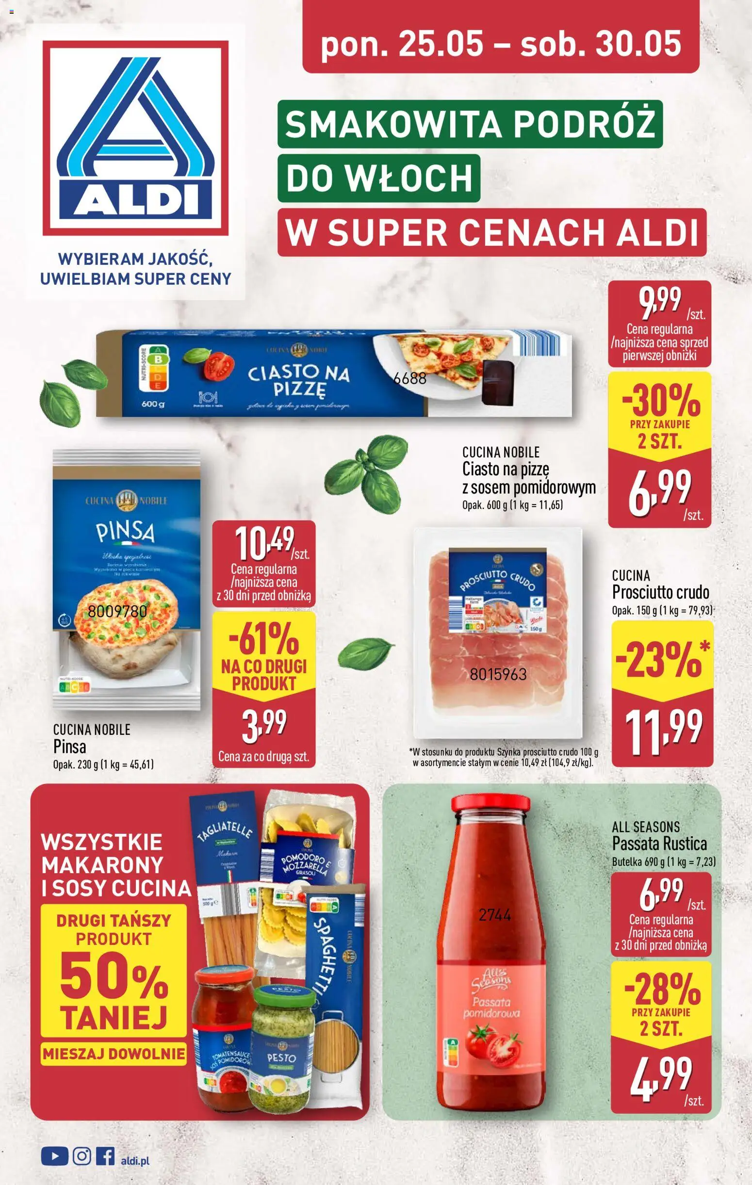 Náhled nabídky: Aldi Polsko Aldi Polsko leták - Artykuły przemysłowe i tekstylia platný od 25.05.2026 - Mozzarella, Pinsa, Prosciutto, Pesto, Makarony, Prosciutto crudo, Passata, Crudo