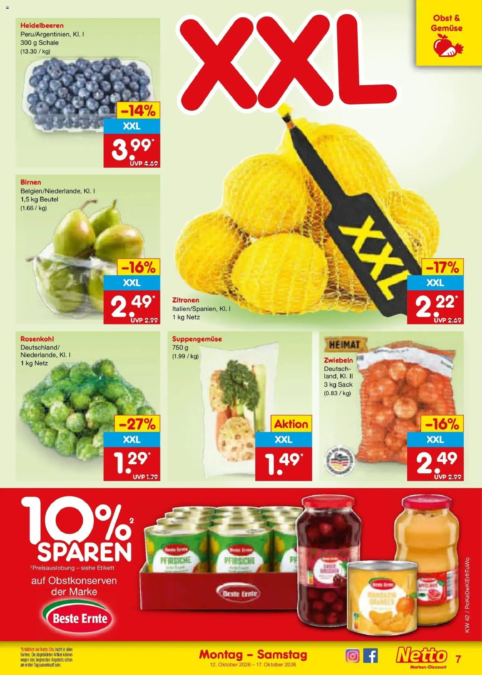 Vorschau von dem Prospekt des Geschäftes Netto Marken-Discount, gültig ab dem 12.10.2026 - Gemüse, Heidelbeeren, Obst, Zitronen, Zwiebeln
